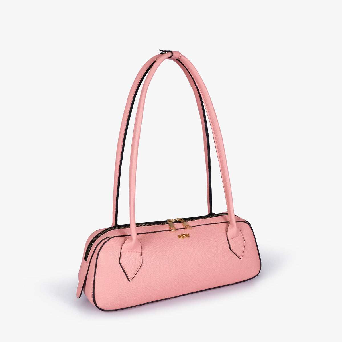 Blush pink east-west baguette bag in three-quarter view