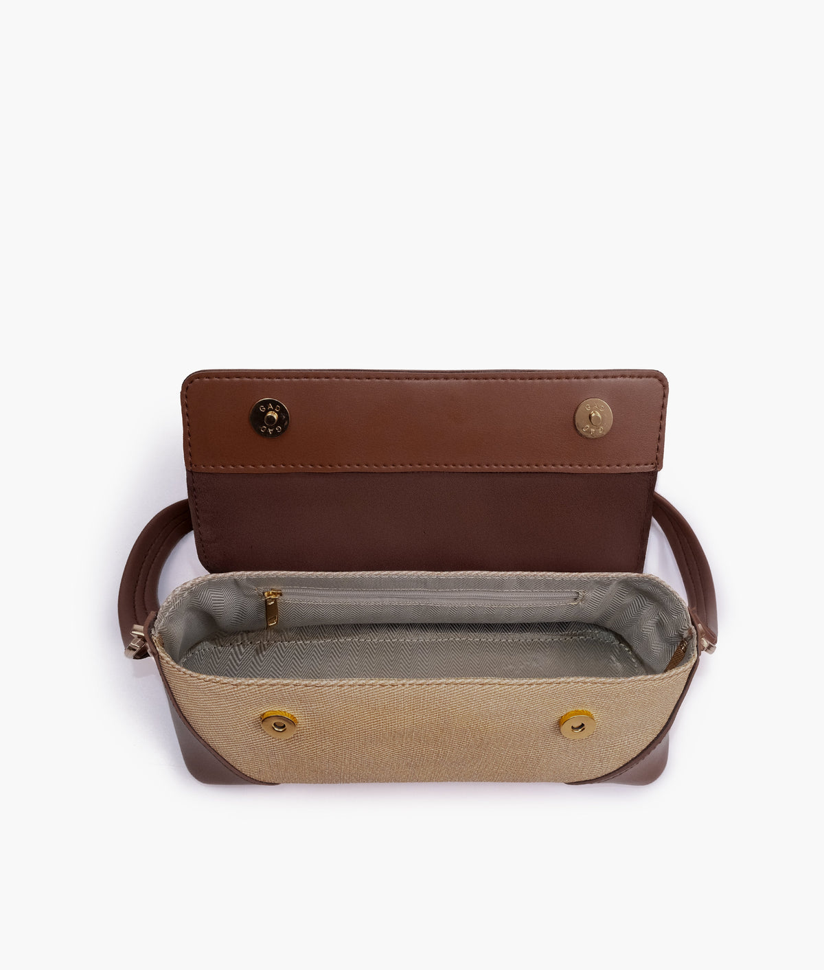 Interior of Brown baguette shoulder bag with the flap open