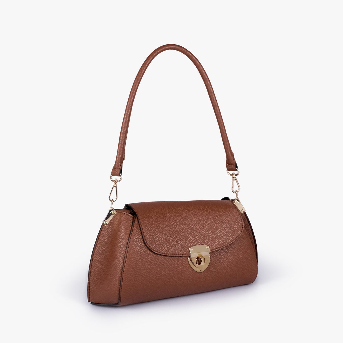Brown pebble baguette bag in three-quarter view