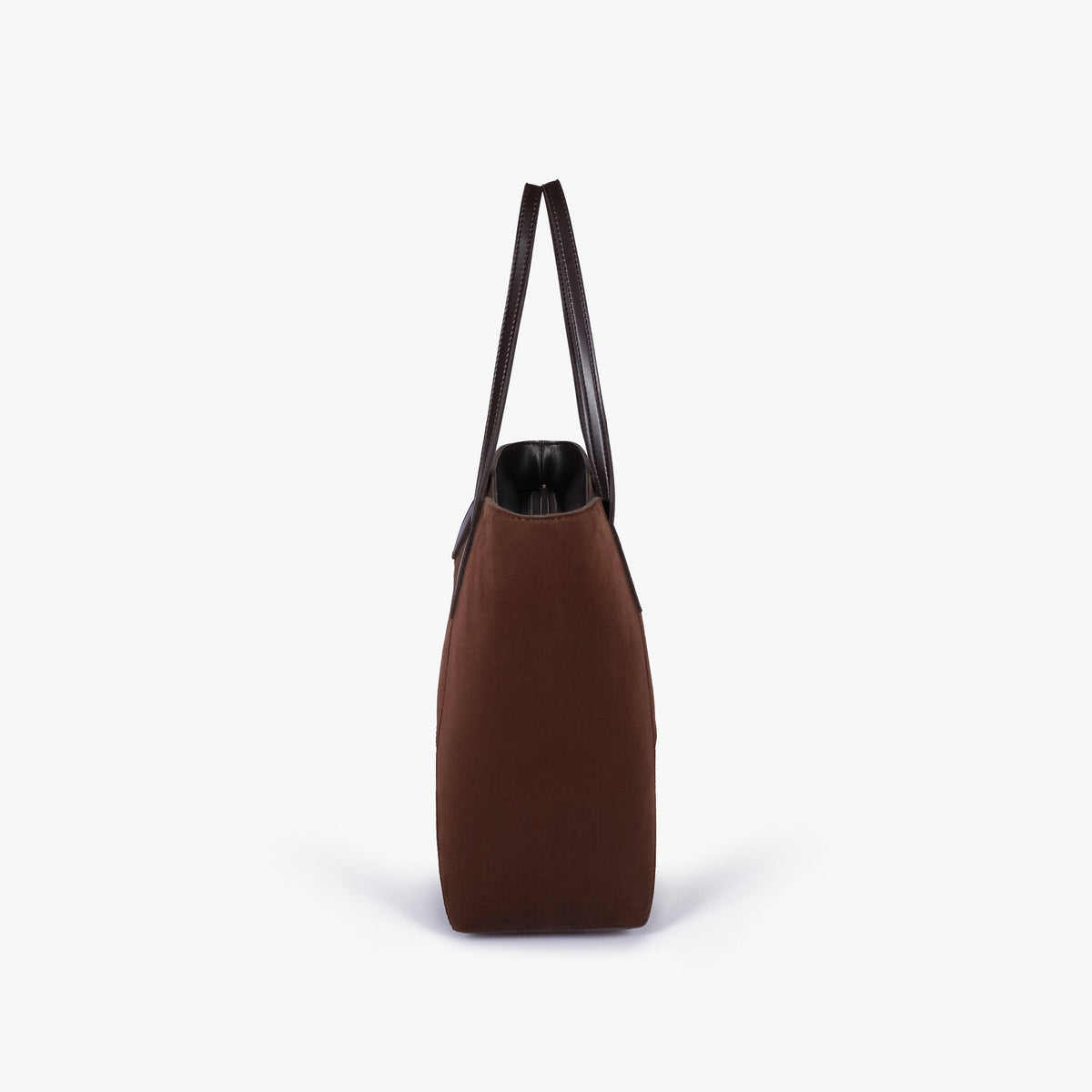 Side profile of Dark brown suede Arc tote bag