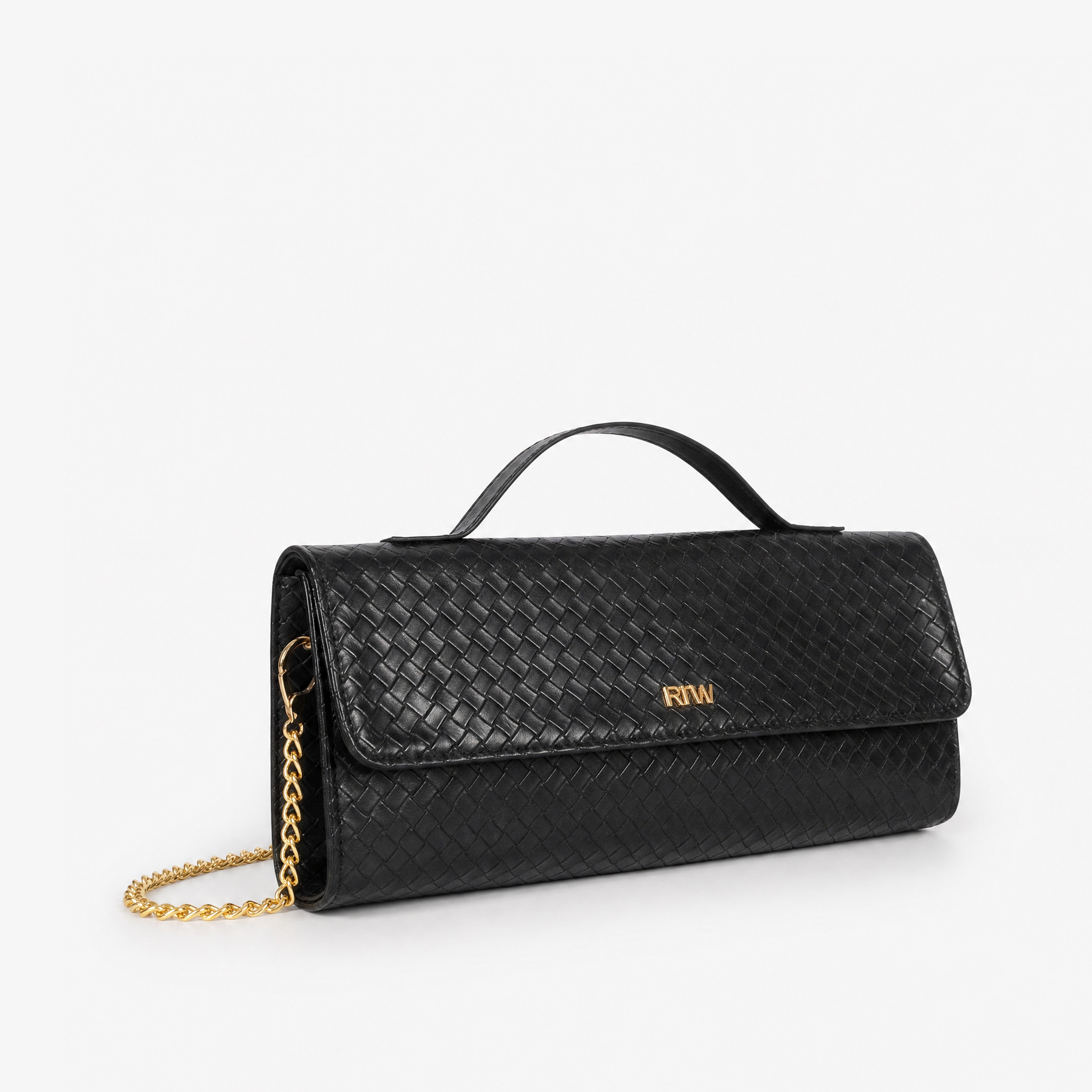 Woven black weave clutch with gold chain — front view, weave-pattern flap and RTW logo plate