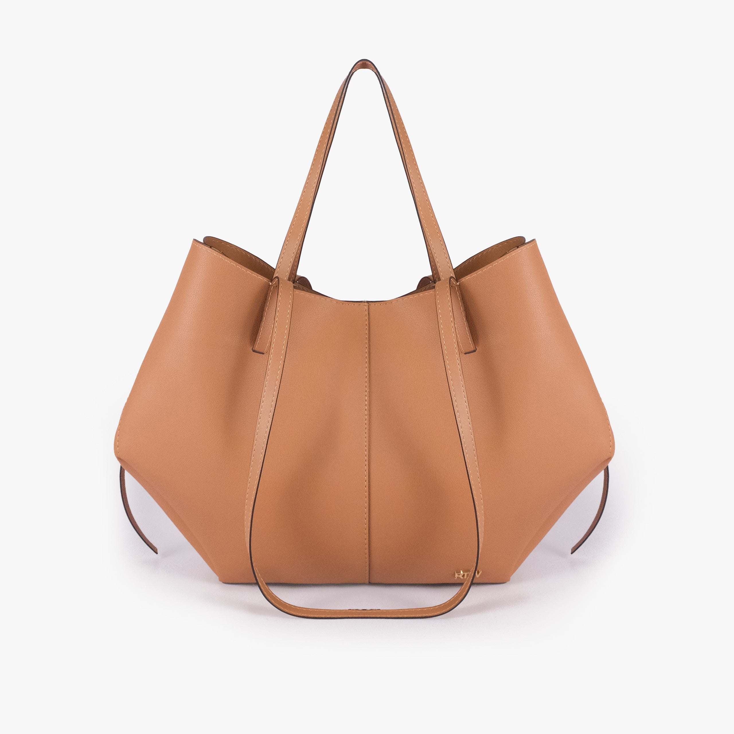 Coffee atelier tote — front straight-on view showing wing-cut origami silhouette, center seam, side cinch ties hanging, gold RTW logo lower center