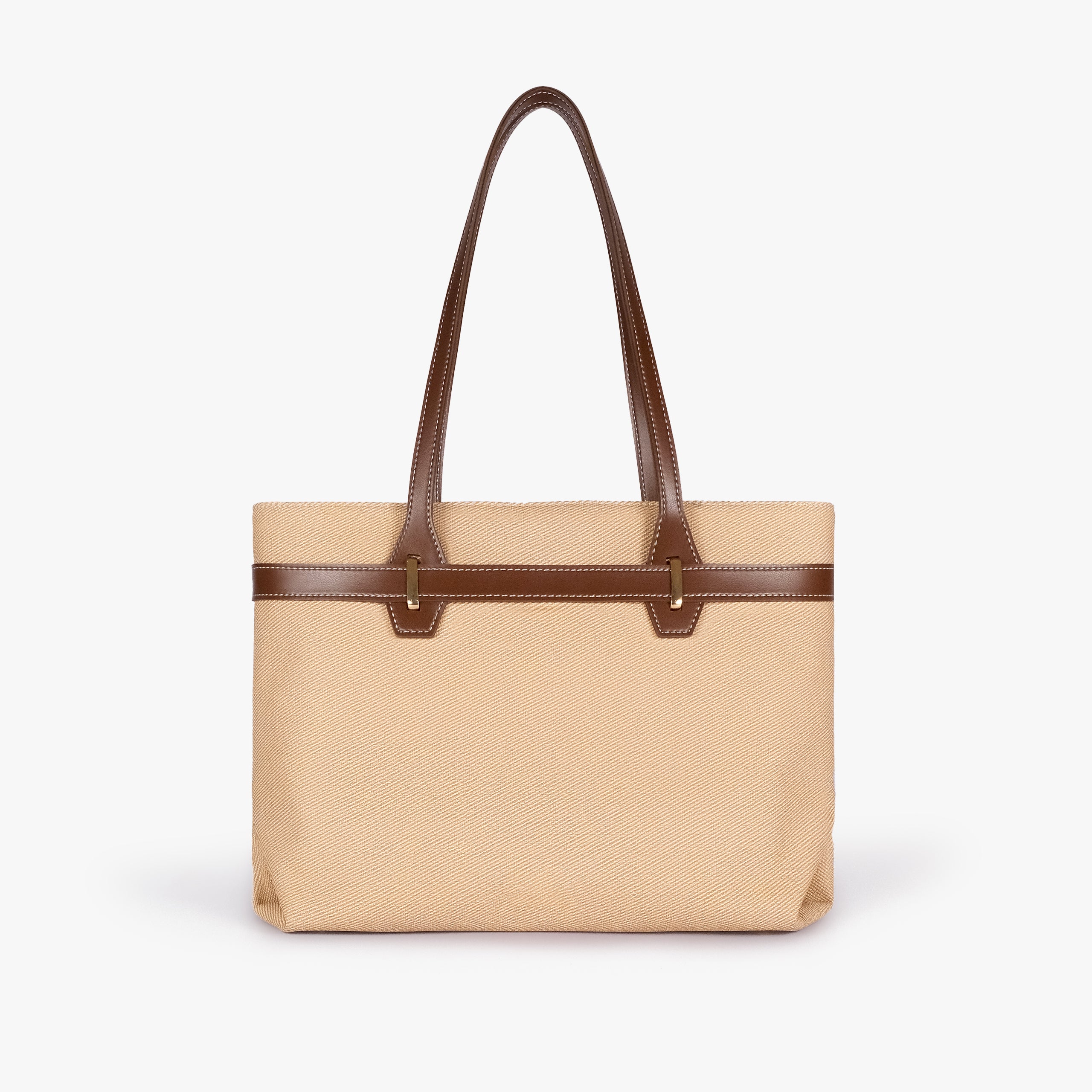 Brown belted tote bag — straight-on back view showing the textured back panel, smooth trim, long shoulder handles, and structured rectangular silhouette, cream-tan textured body with brown smooth faux-leather trim
