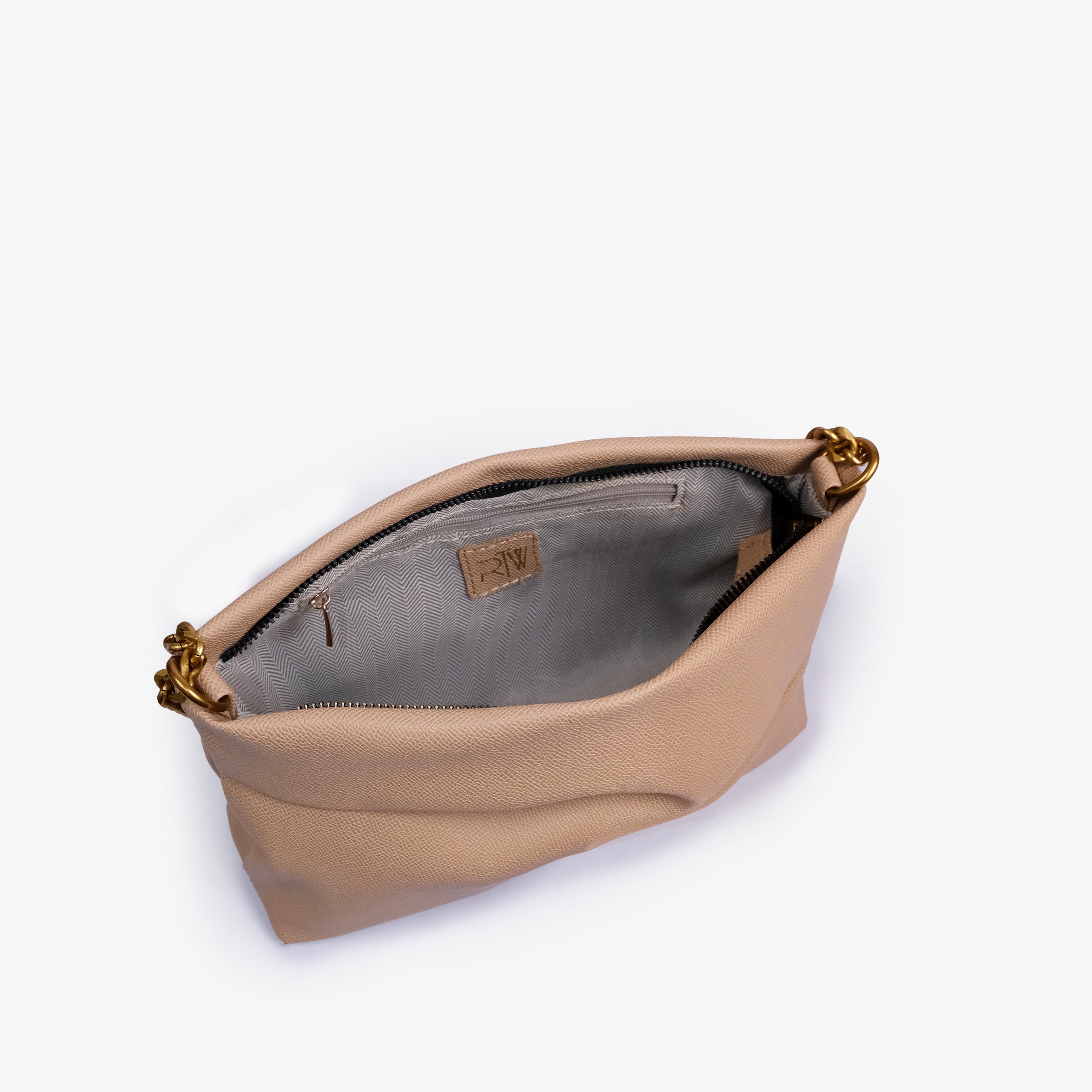 Beige pleated clutch bag with chain — open interior view showing the zipper closure, light lining, RTW label and interior zip pocket, warm pale beige