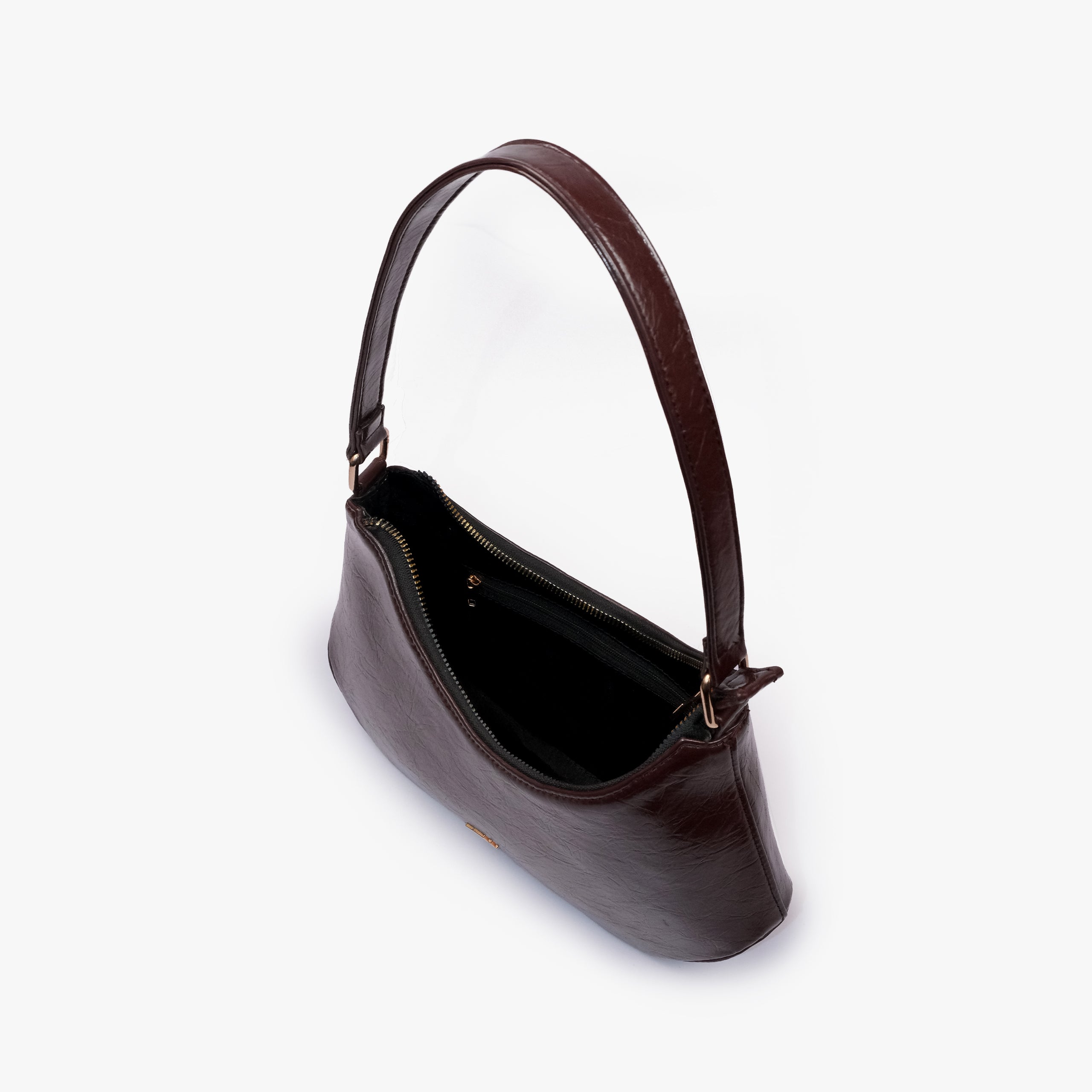 Dark brown crinkle shoulder bag — interior view showing the zip-top opening and dark-lined main compartment