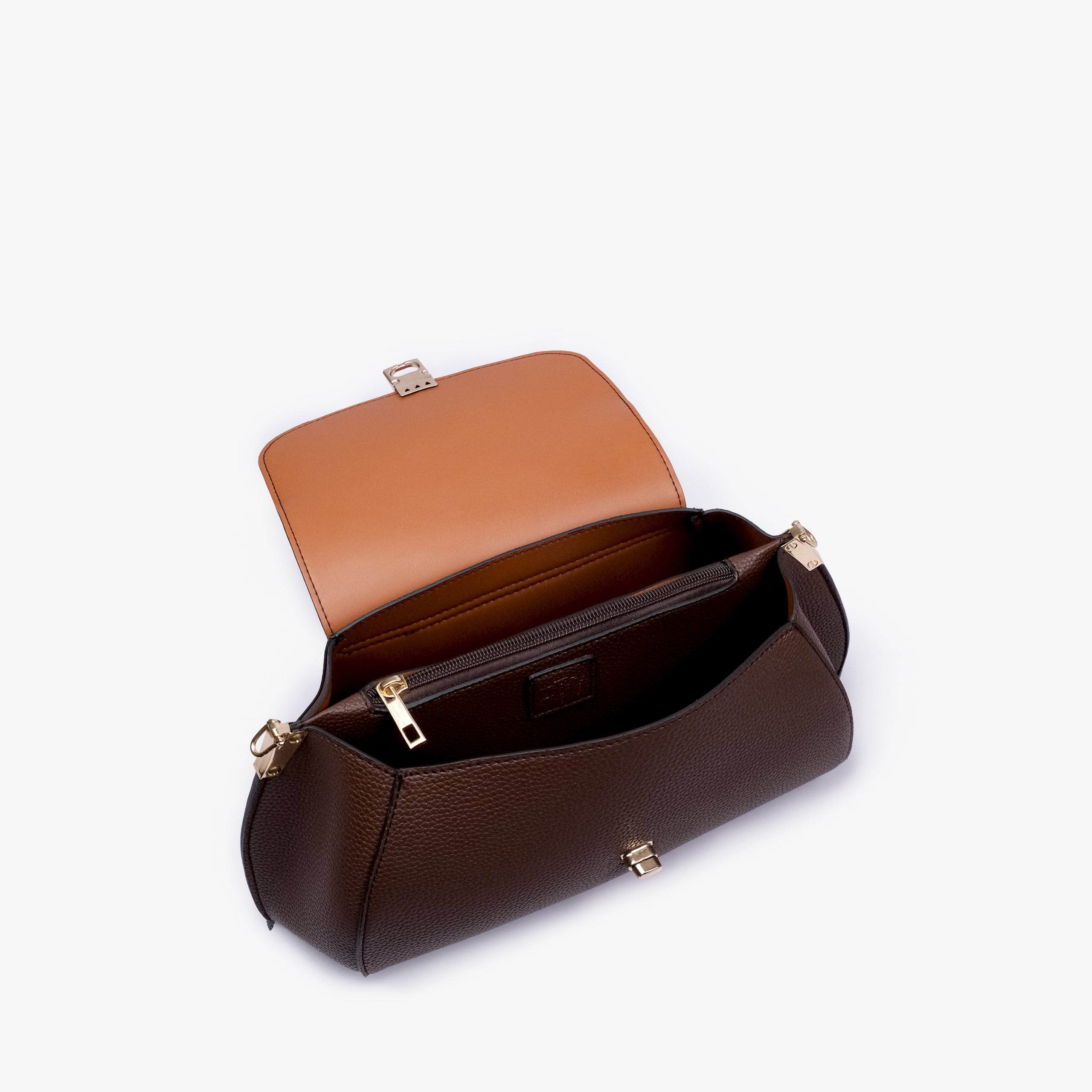 Interior of Dark brown pebble baguette bag showing the zippered main compartment