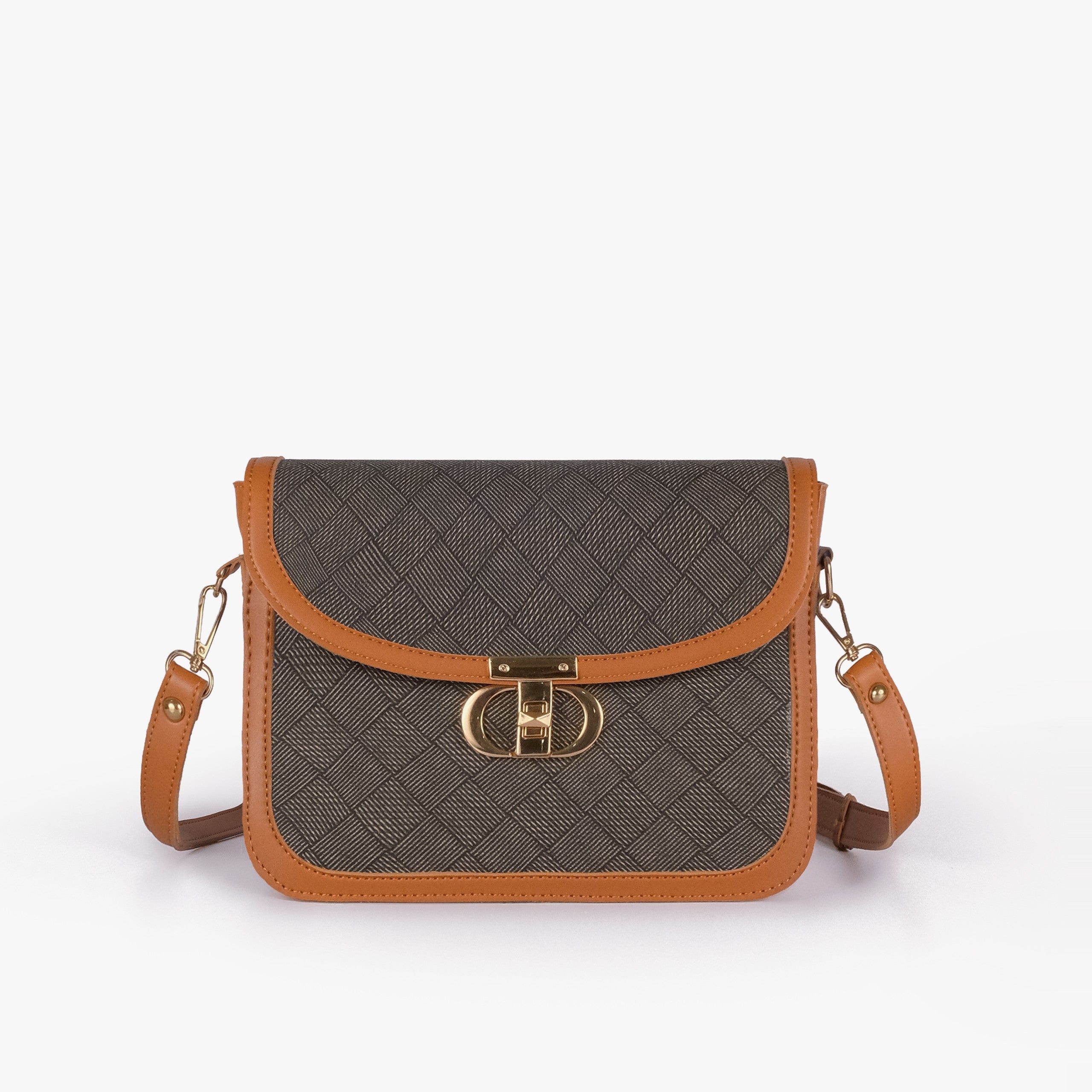 Camel contrast cross-body bag — front straight-on with camel strap horizontal, olive panel and camel trim contrast visible