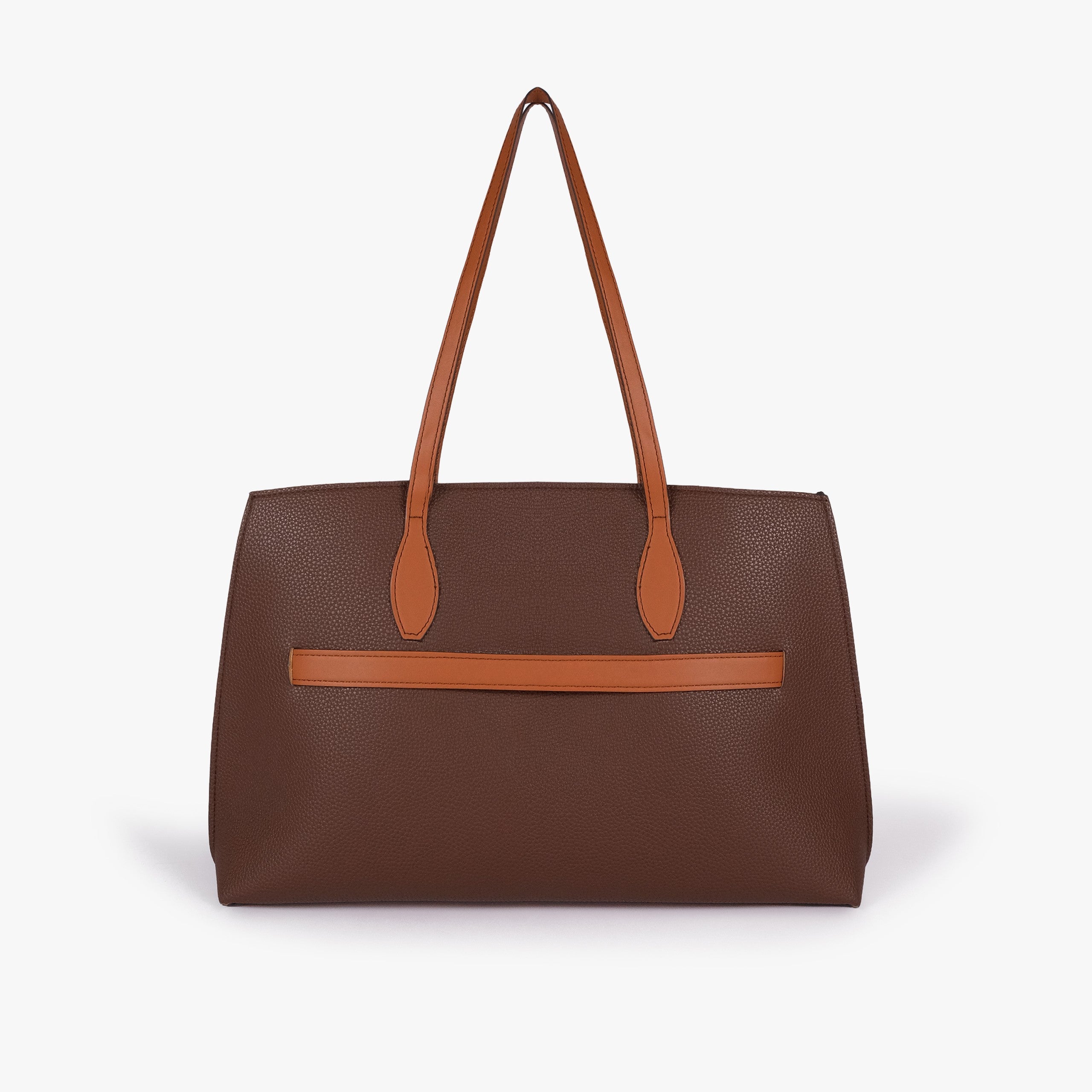 Dark brown Monday Tote — back view showing horizontal cognac smooth slip pocket across the middle panel, two handles up