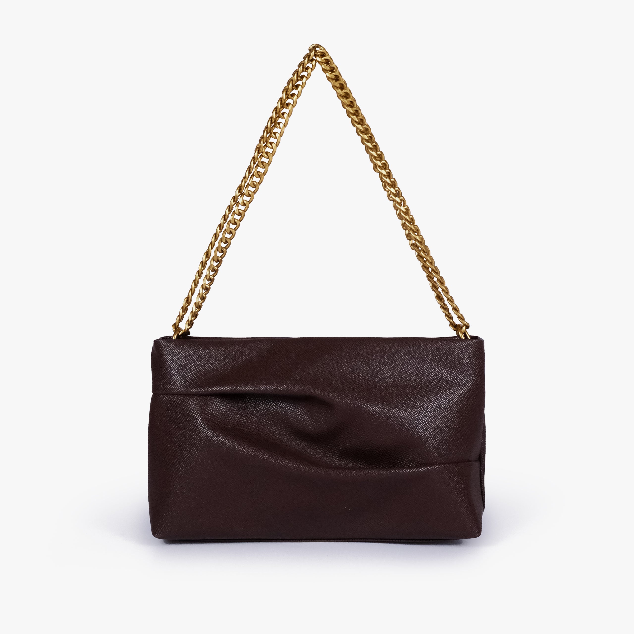 Dark brown pleated clutch bag with chain — straight-on front view showing the sculpted pleats, top edge and gold-tone chain shoulder carry, deep espresso brown