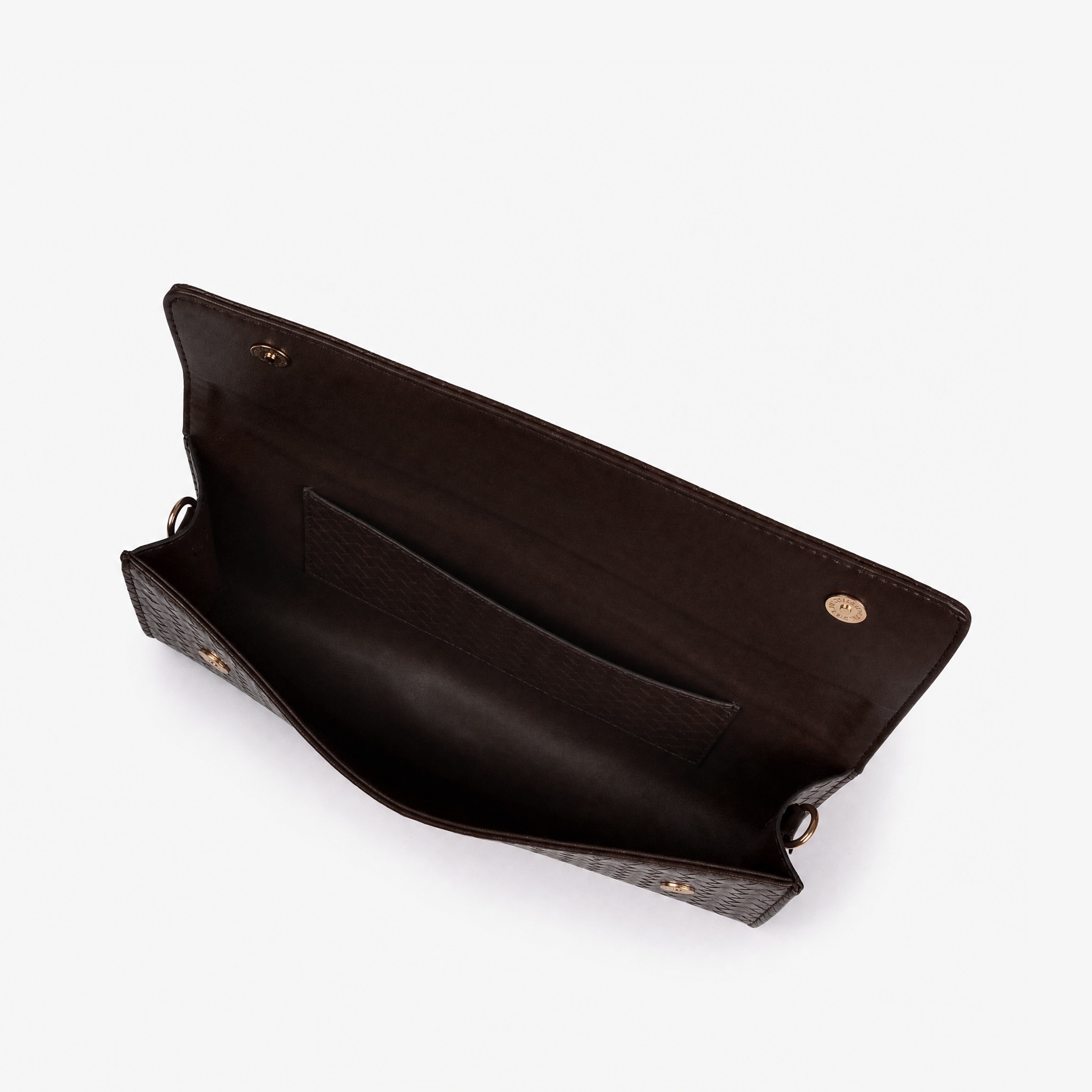 Deep chocolate woven weave clutch — interior open view with smooth dark espresso faux leather lining and interior slip pocket