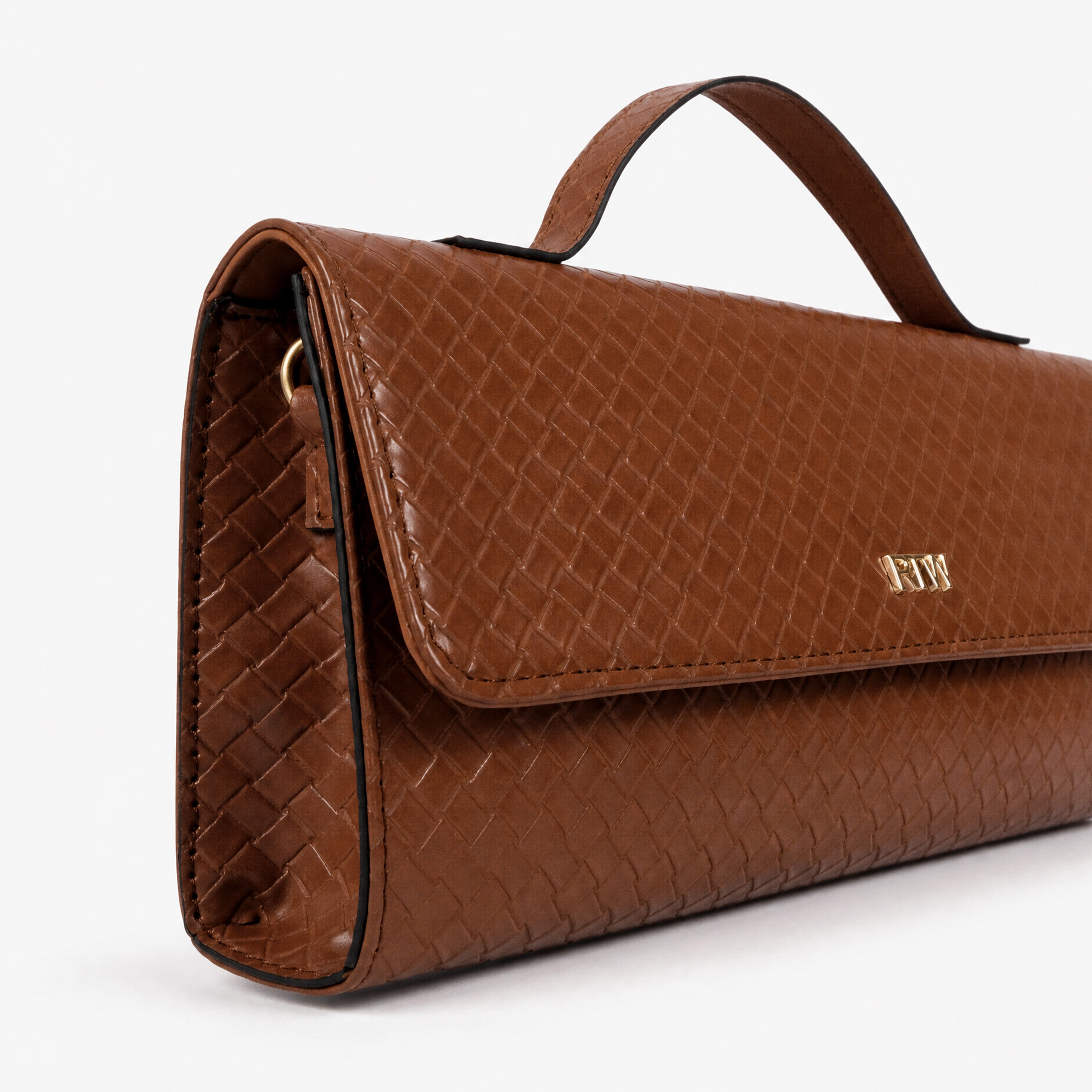 Warm terracotta woven weave clutch — closeup of diamond-lattice weave texture and gold RTW logo plate