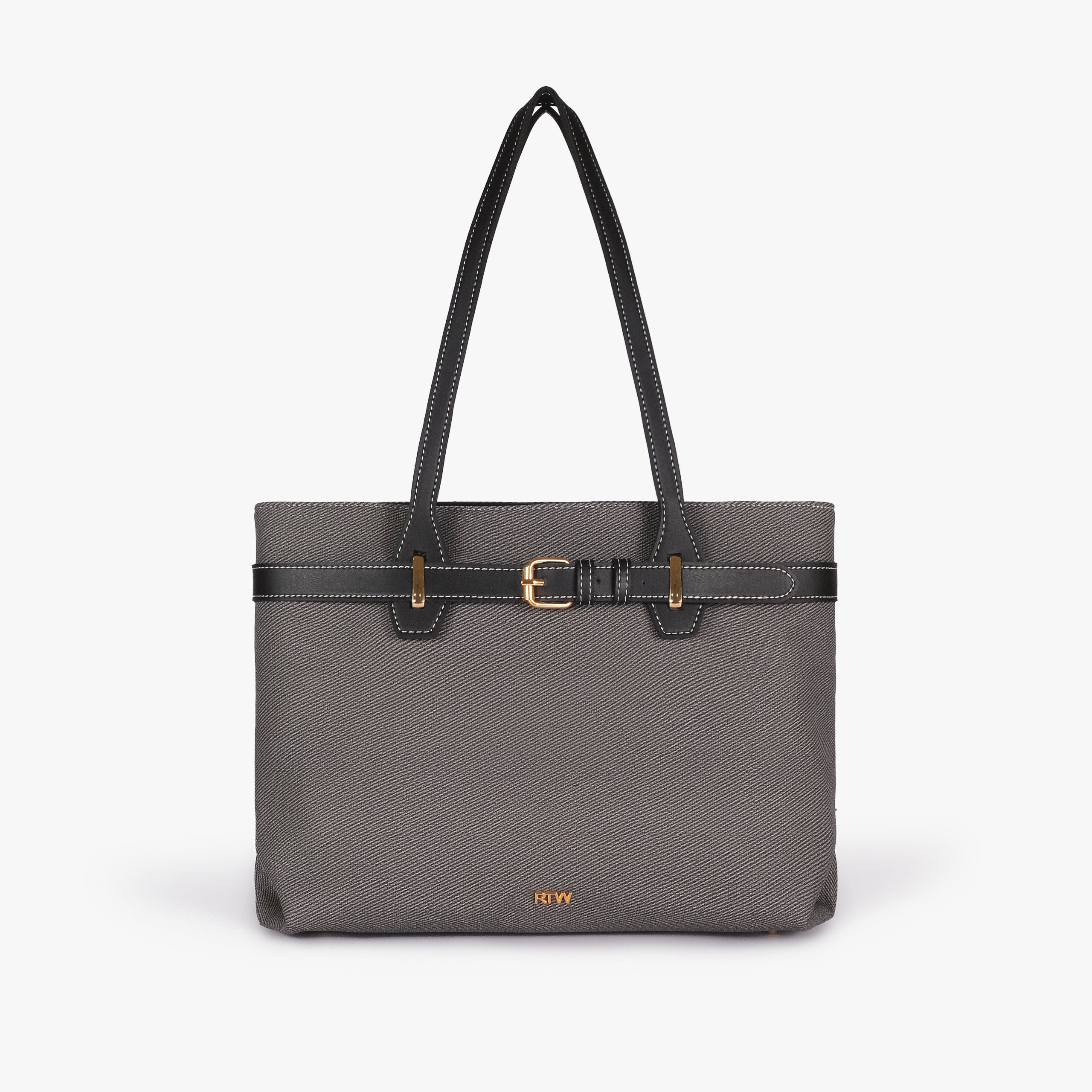 Charcoal belted tote bag — straight-on front view showing the horizontal belt detail, gold-tone buckle, RTW logo plaque, and textured body panel, charcoal gray textured body with black smooth faux-leather trim