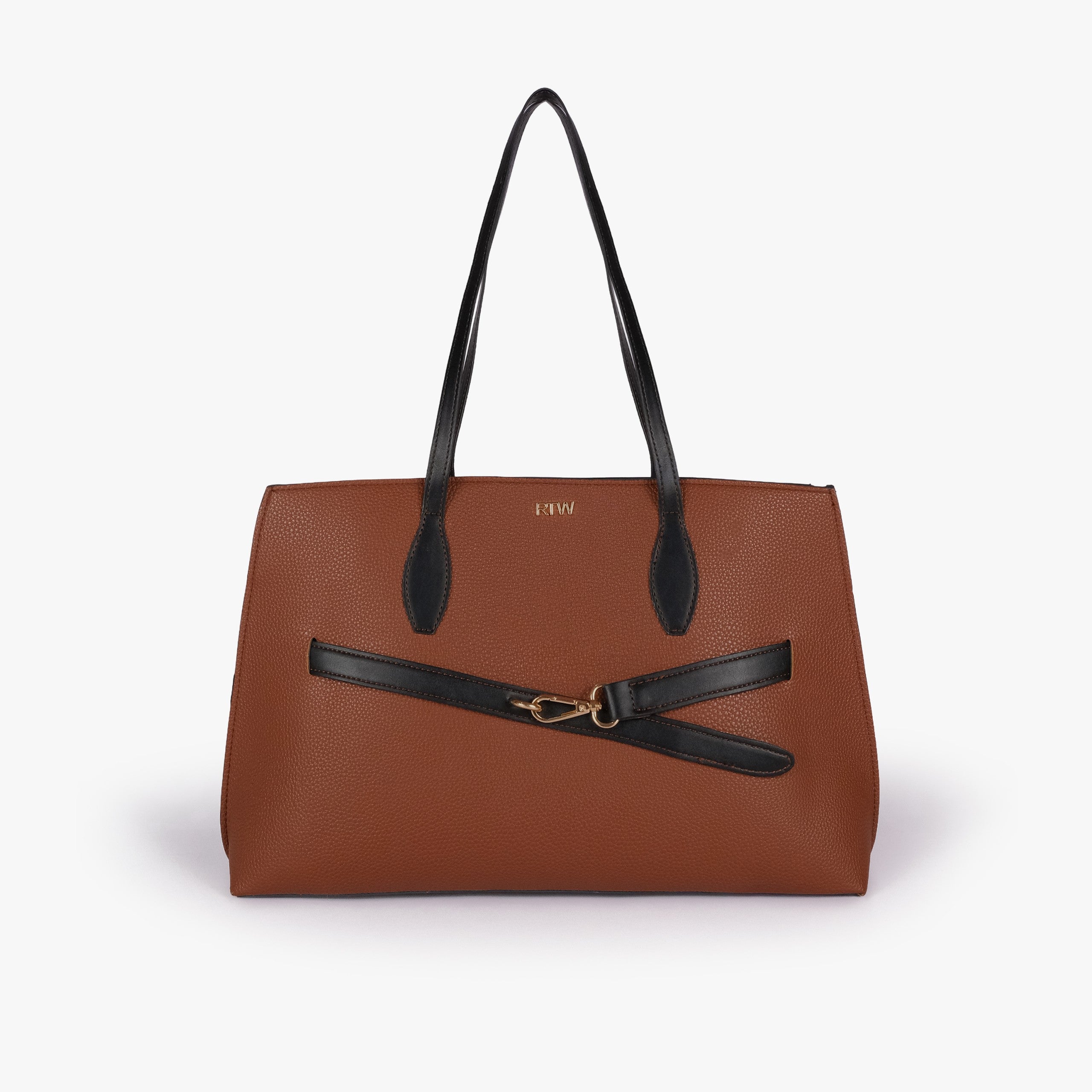 Brown cognac Monday Tote — front straight-on view, black handles up, decorative black belt with gold doglock buckle, trapezoid silhouette