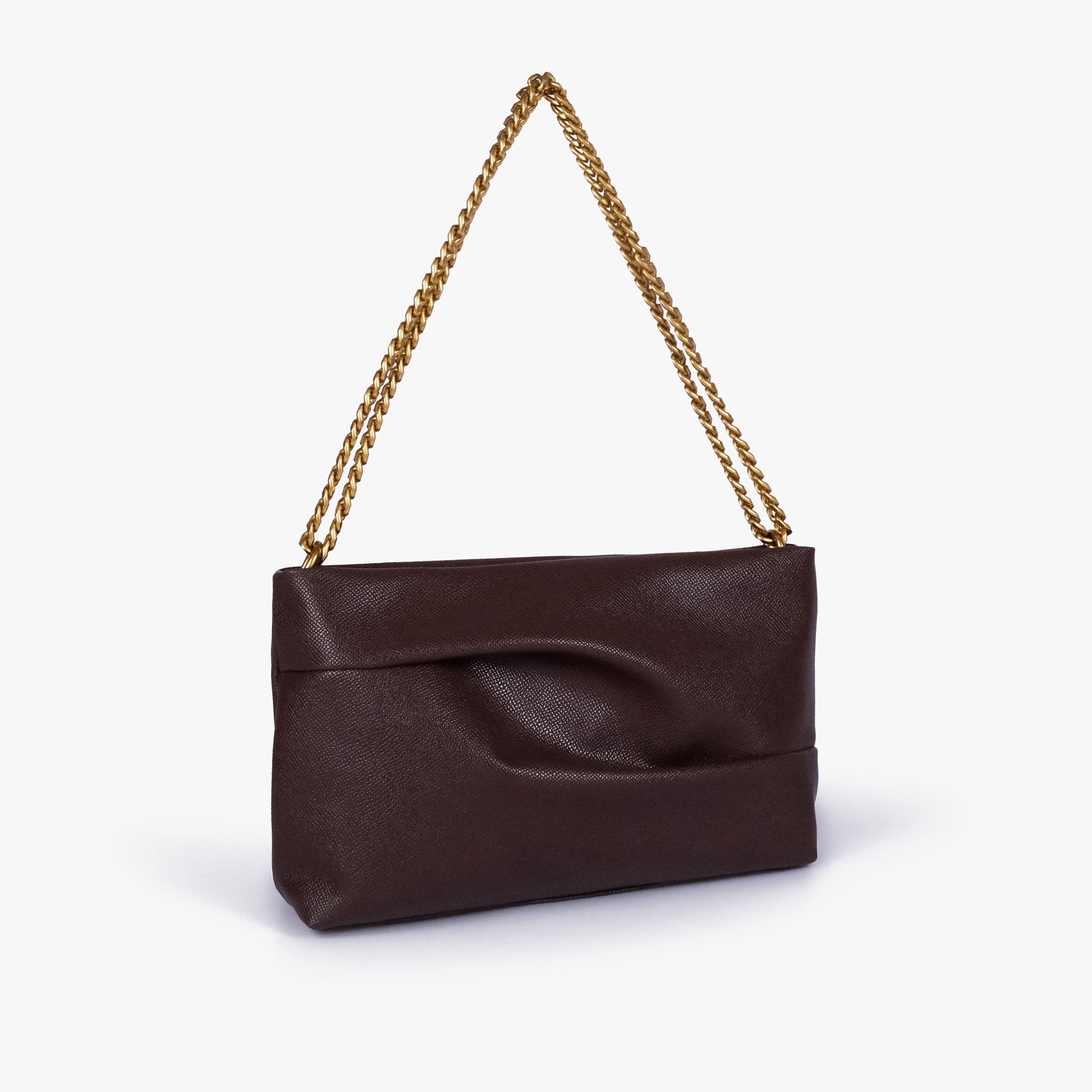 Dark brown pleated clutch bag with chain — three-quarter view showing the slim rectangular silhouette, pleated panel and gold-tone chain, deep espresso brown