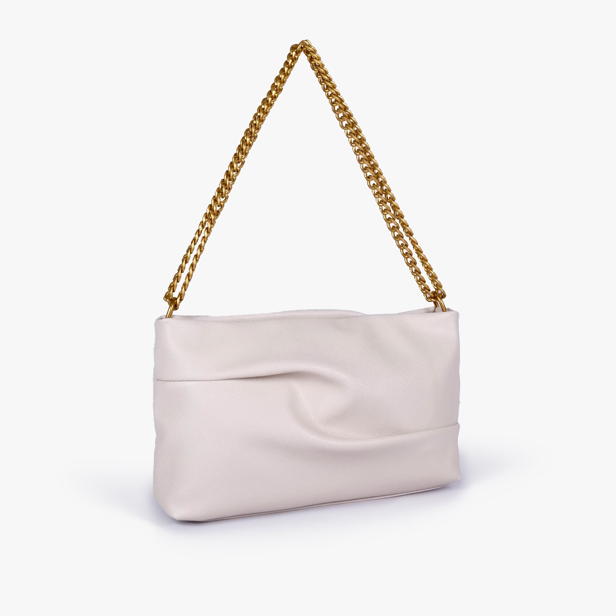 Cream pleated clutch bag with chain — three-quarter view showing the slim rectangular silhouette, pleated panel and gold-tone chain, soft ivory cream