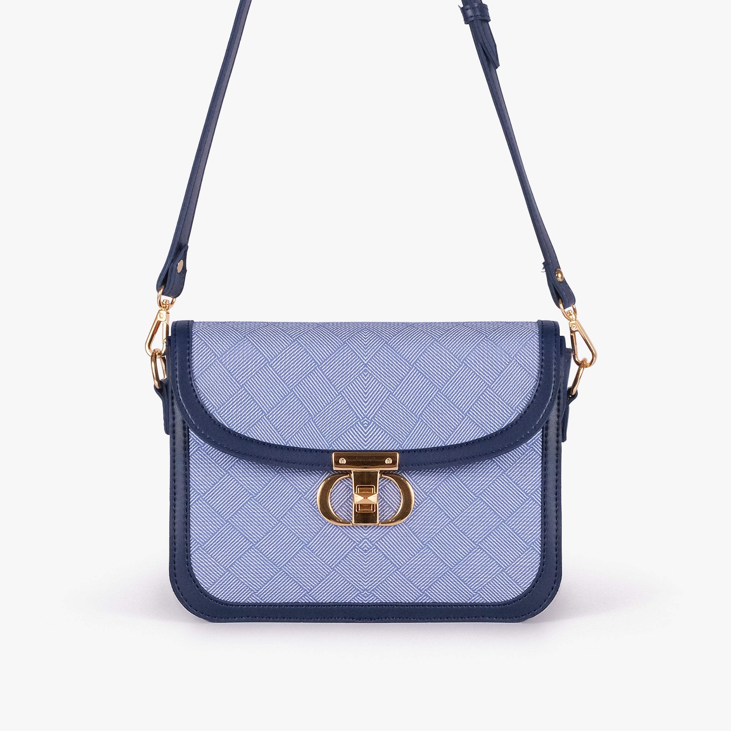 Navy contrast cross-body bag — front view with navy strap overhead, cross-body carry position