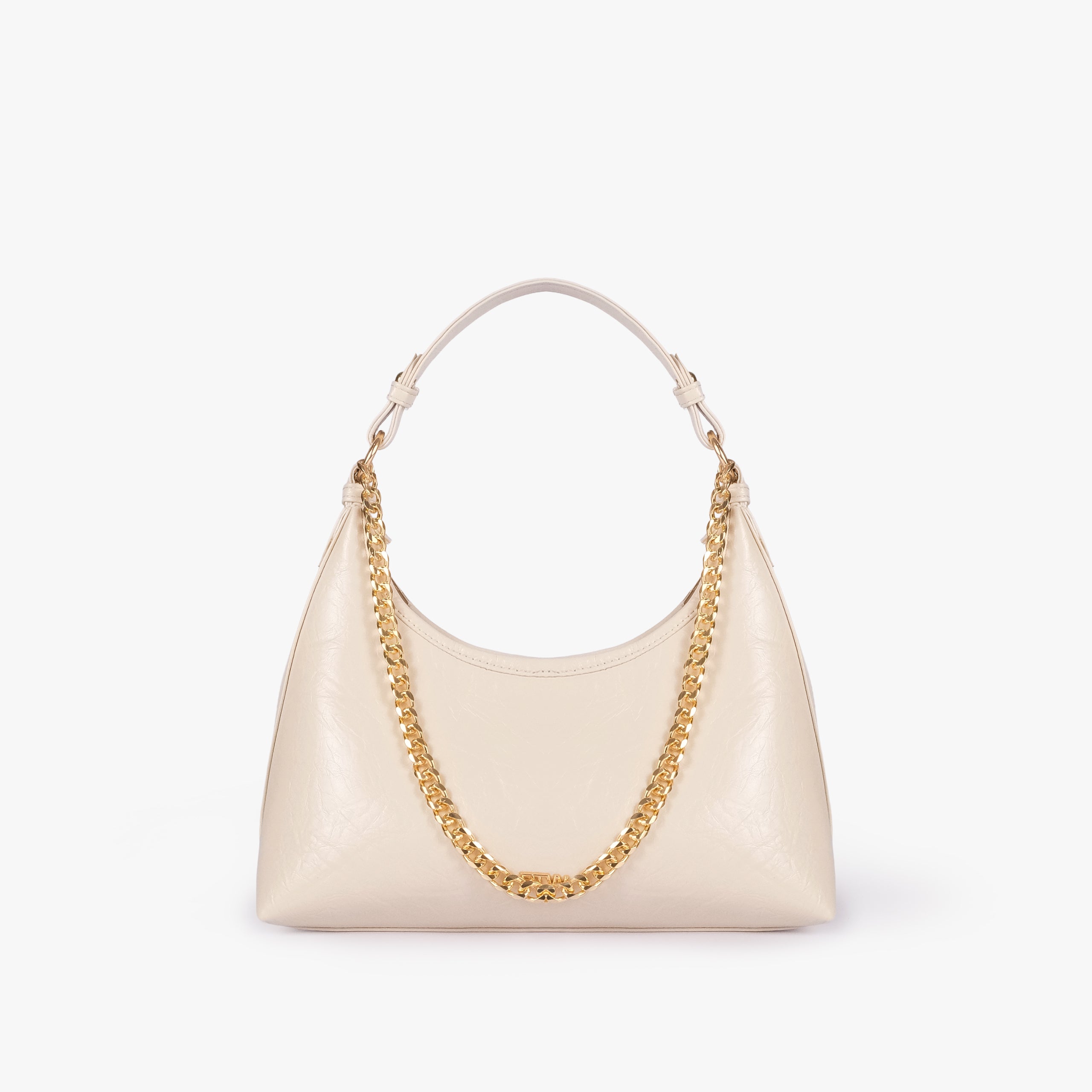 Pearl crinkle crescent hobo — front view showing the slouchy crinkle faux-leather crescent hobo shape and gold-tone chain accent