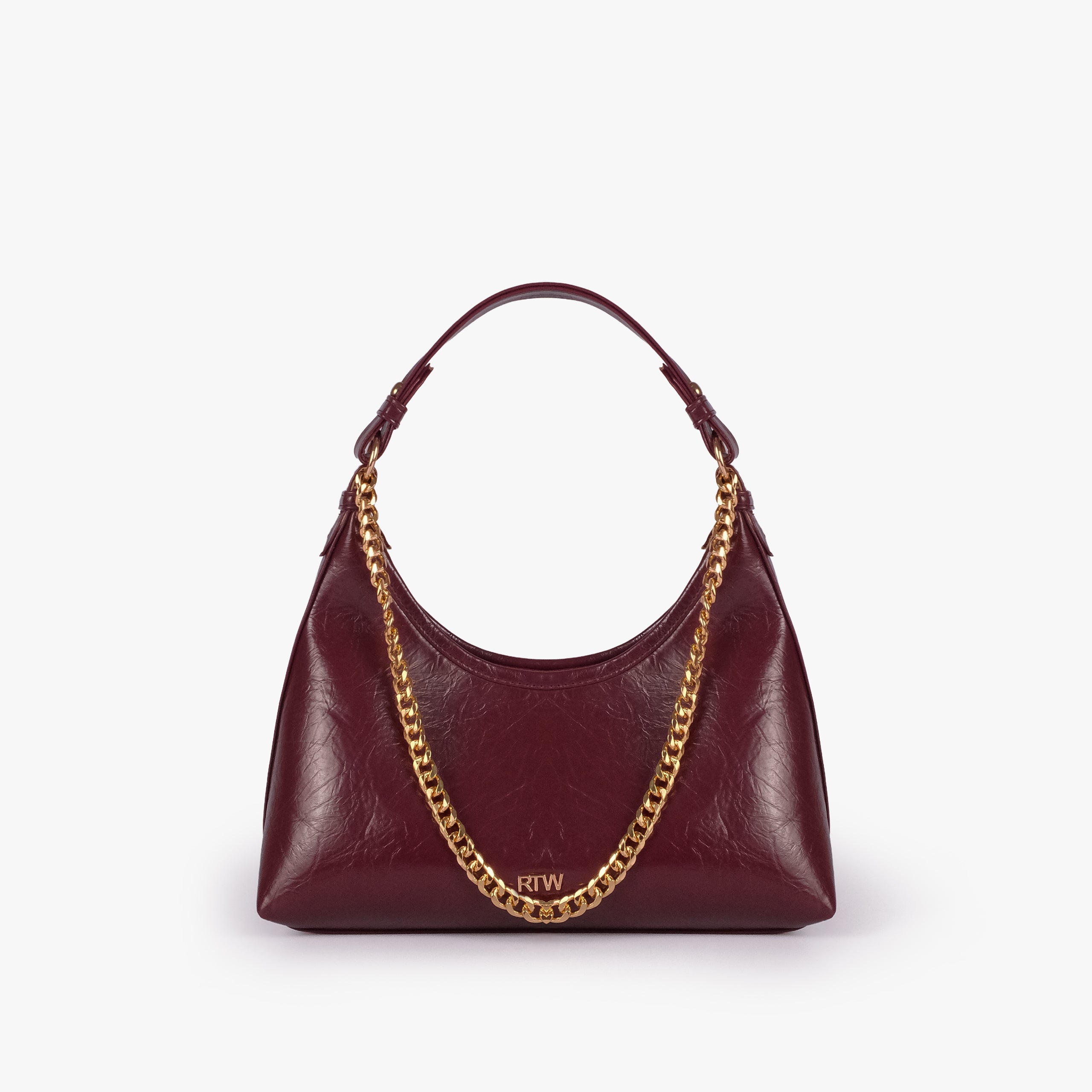 Maroon crinkle crescent hobo — front view showing the slouchy crinkle faux-leather crescent hobo shape and gold-tone chain accent