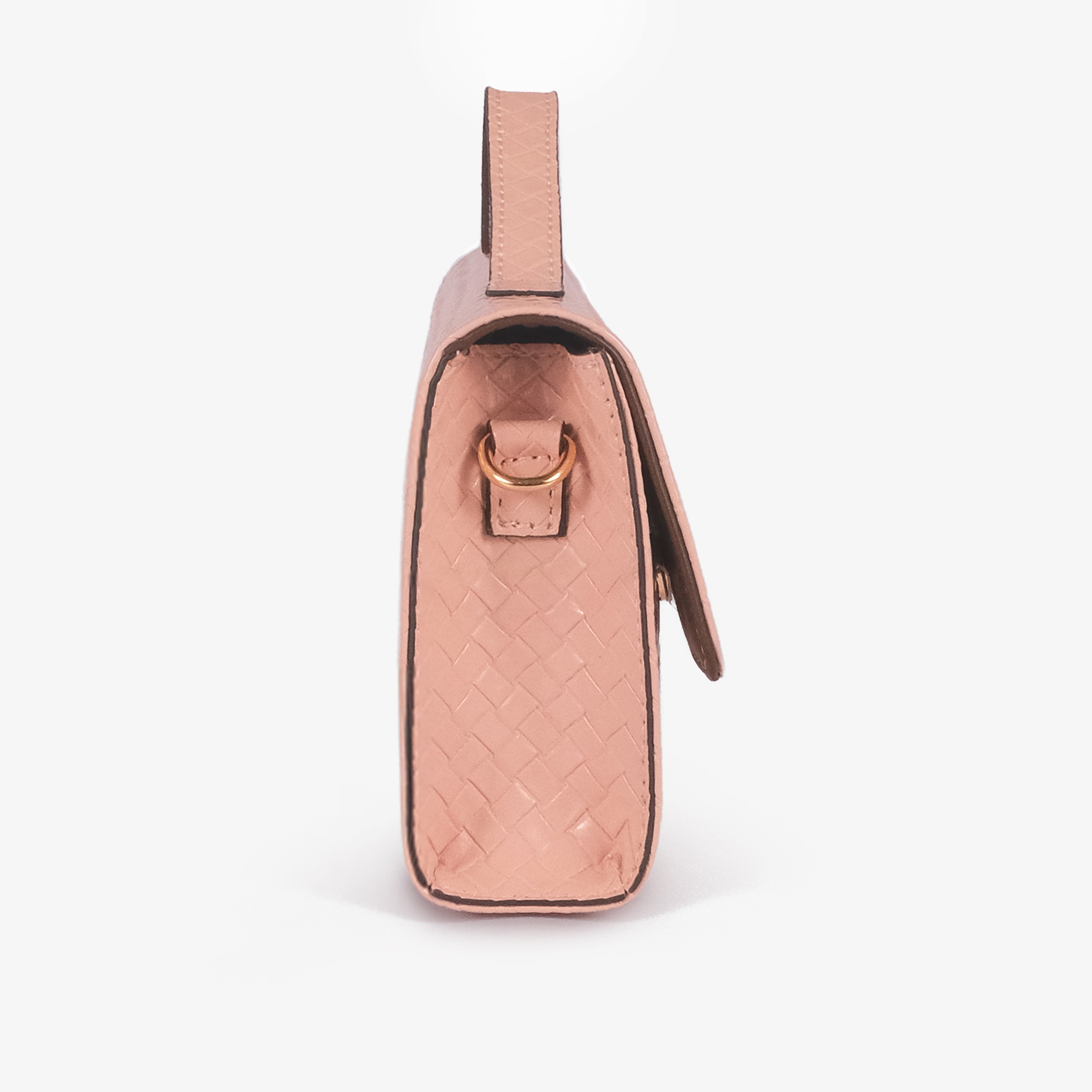 Blush peach woven weave clutch — side profile showing gold D-ring attachment, gusset depth, and top handle with dark backing