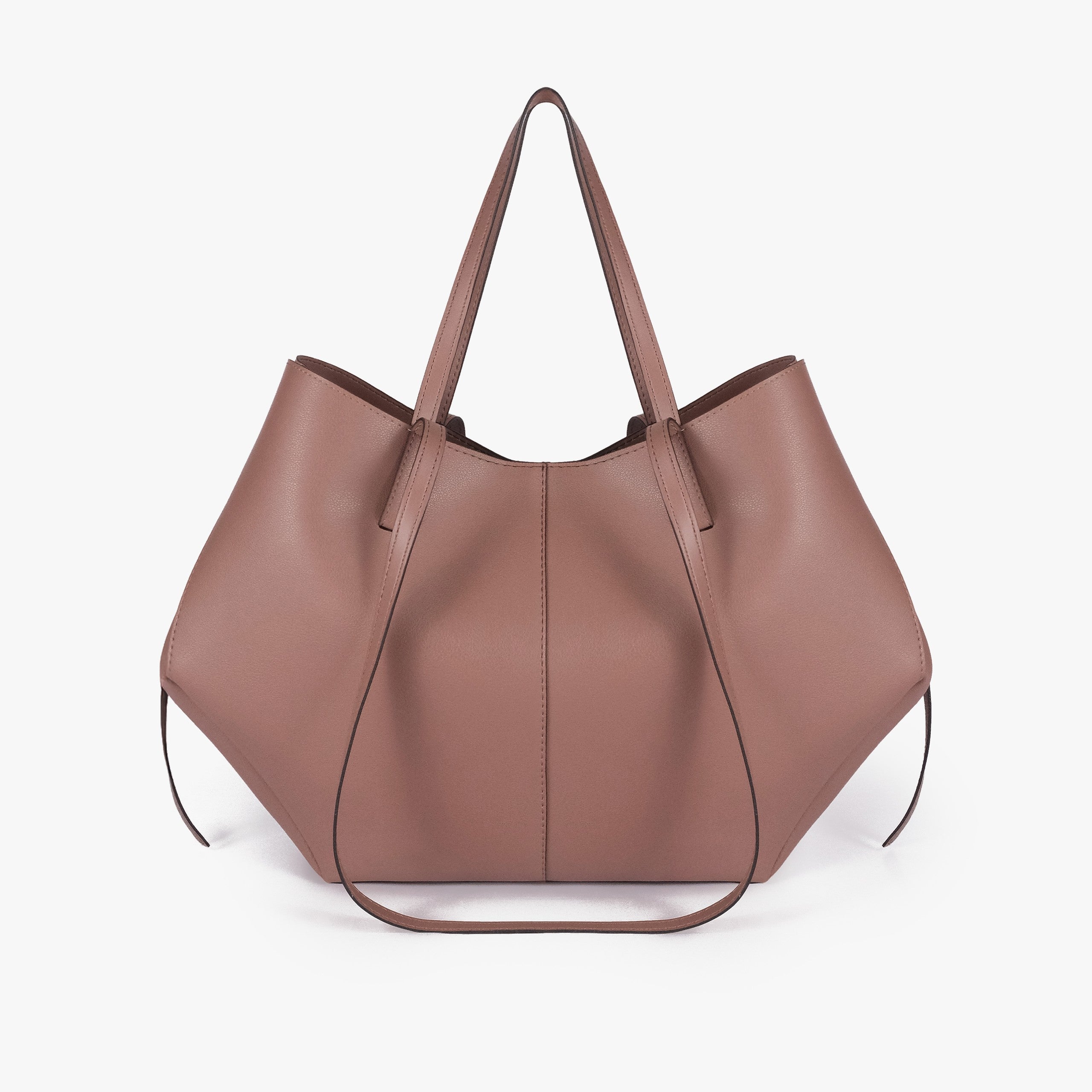 Brown atelier tote — back view alone showing wing-cut origami panels and slim handles