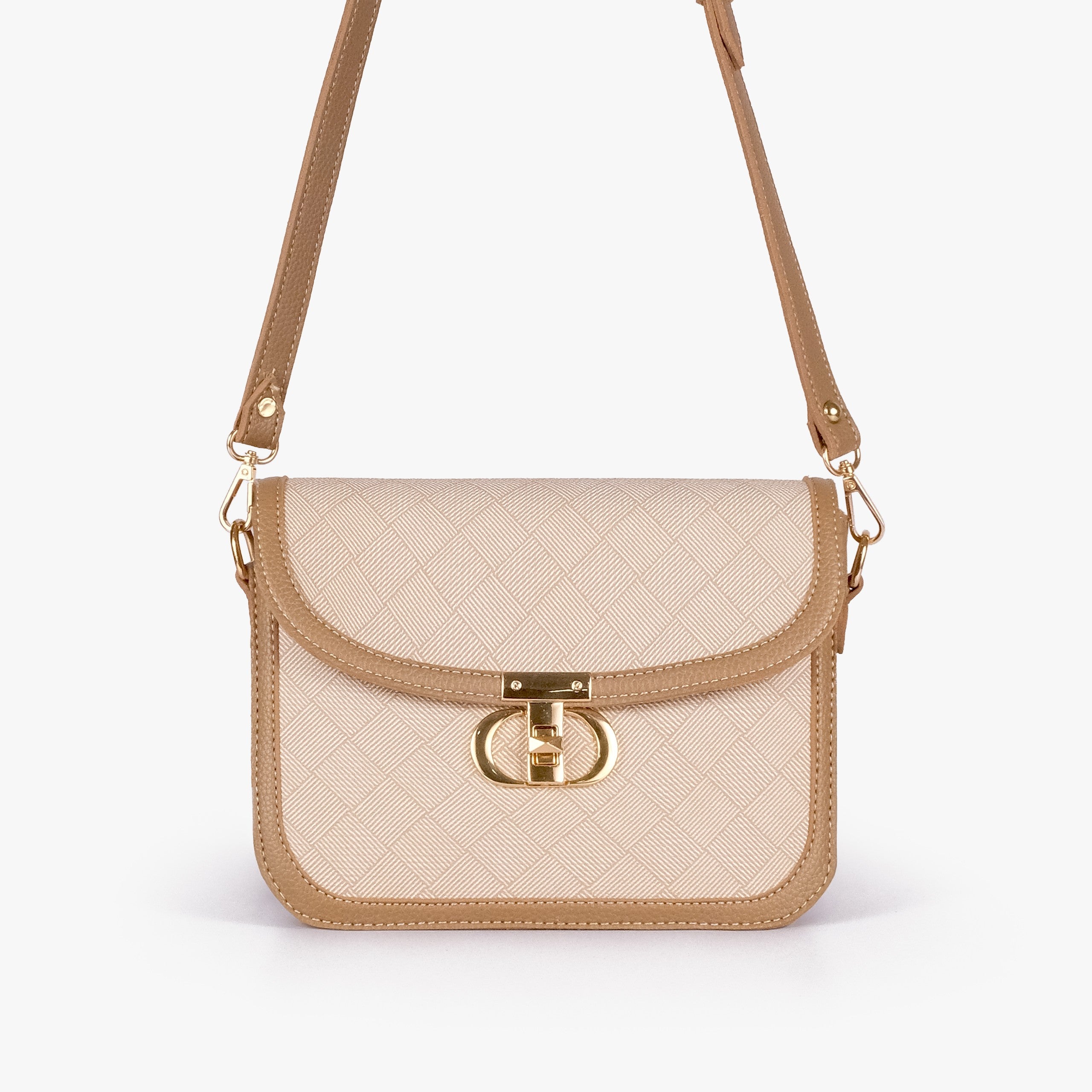 Wheat contrast cross-body bag — front view with camel strap overhead, cross-body wear position