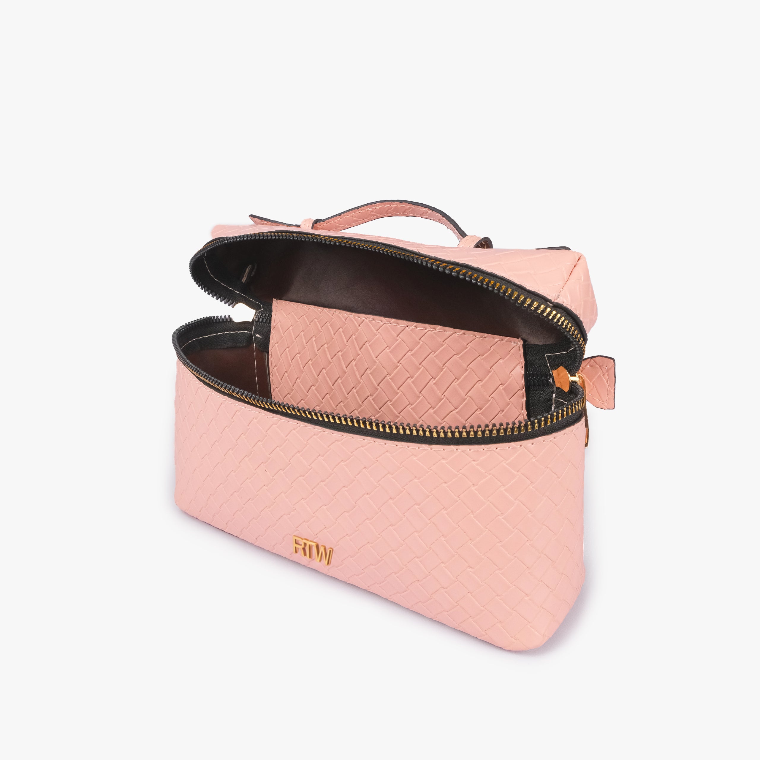 Peach weave vanity top-handle bag — interior open view showing the lid lifted upward, zip-around opening, and lined single main compartment