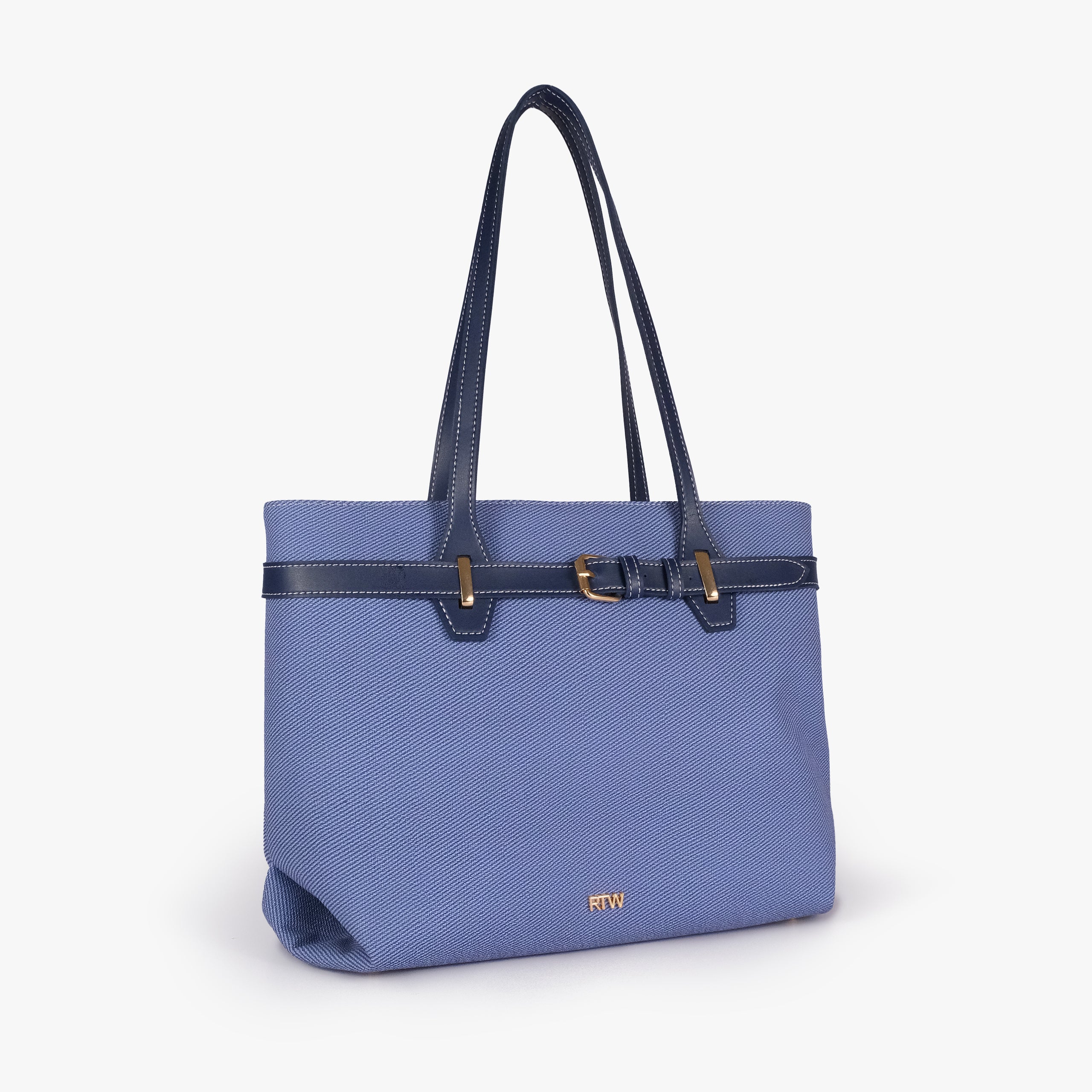 Navy belted tote bag — upright front three-quarter view showing the long shoulder handles, rectangular tote shape, textured body, and smooth trim, blue-navy textured body with dark smooth faux-leather trim