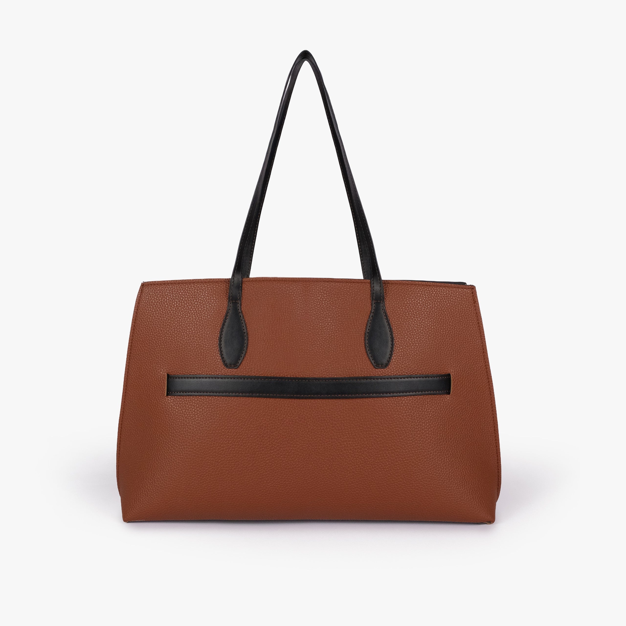 Brown cognac Monday Tote — back view showing horizontal black smooth slip pocket across the middle panel, two handles up