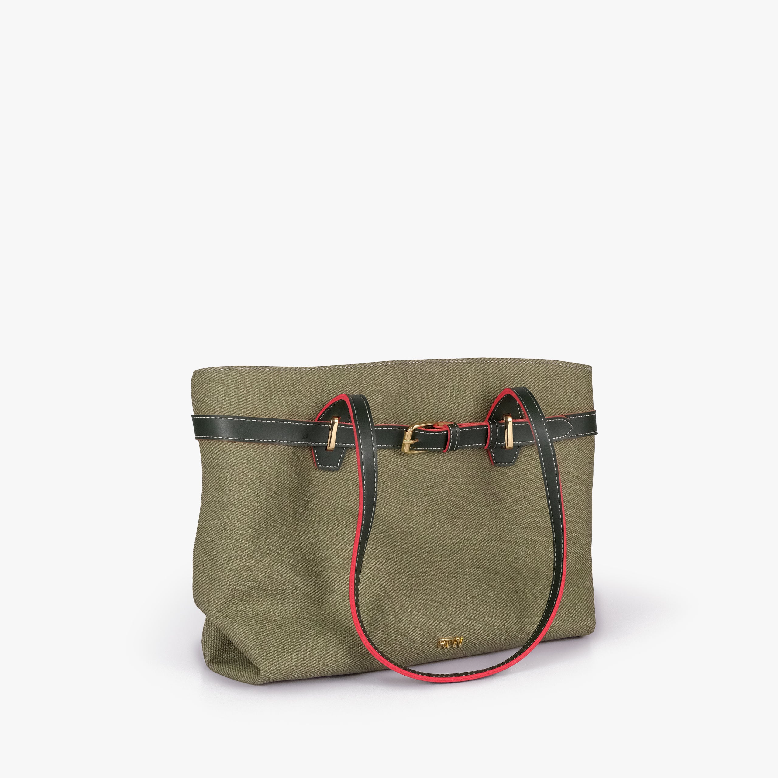 Olive belted tote bag — front angled hero view with the belt detail, draped handle, textured body, smooth trim, and gold-tone buckle hardware, olive green textured body with dark smooth faux-leather trim with red accent edging