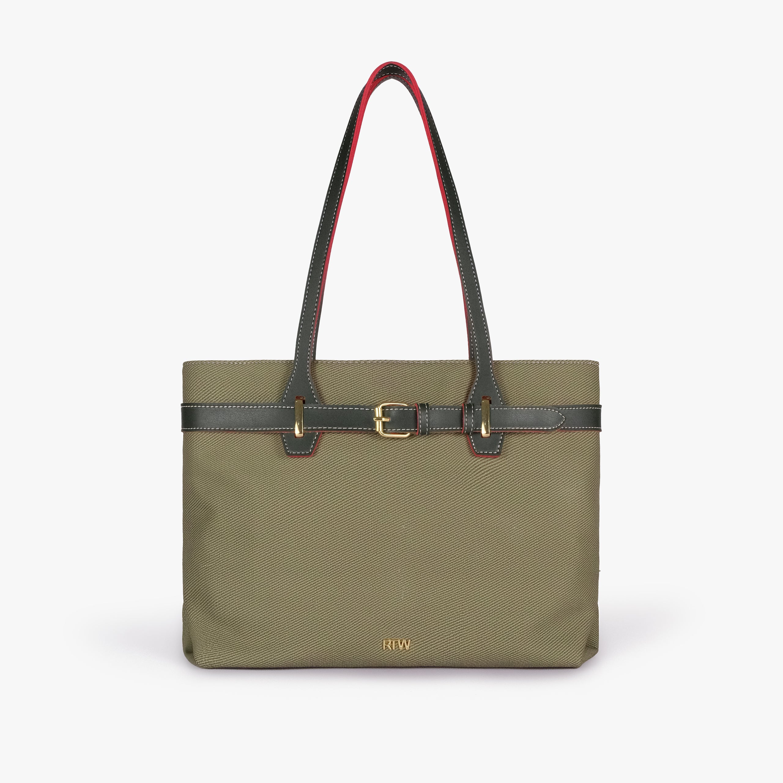 Olive belted tote bag — straight-on front view showing the horizontal belt detail, gold-tone buckle, RTW logo plaque, and textured body panel, olive green textured body with dark smooth faux-leather trim with red accent edging