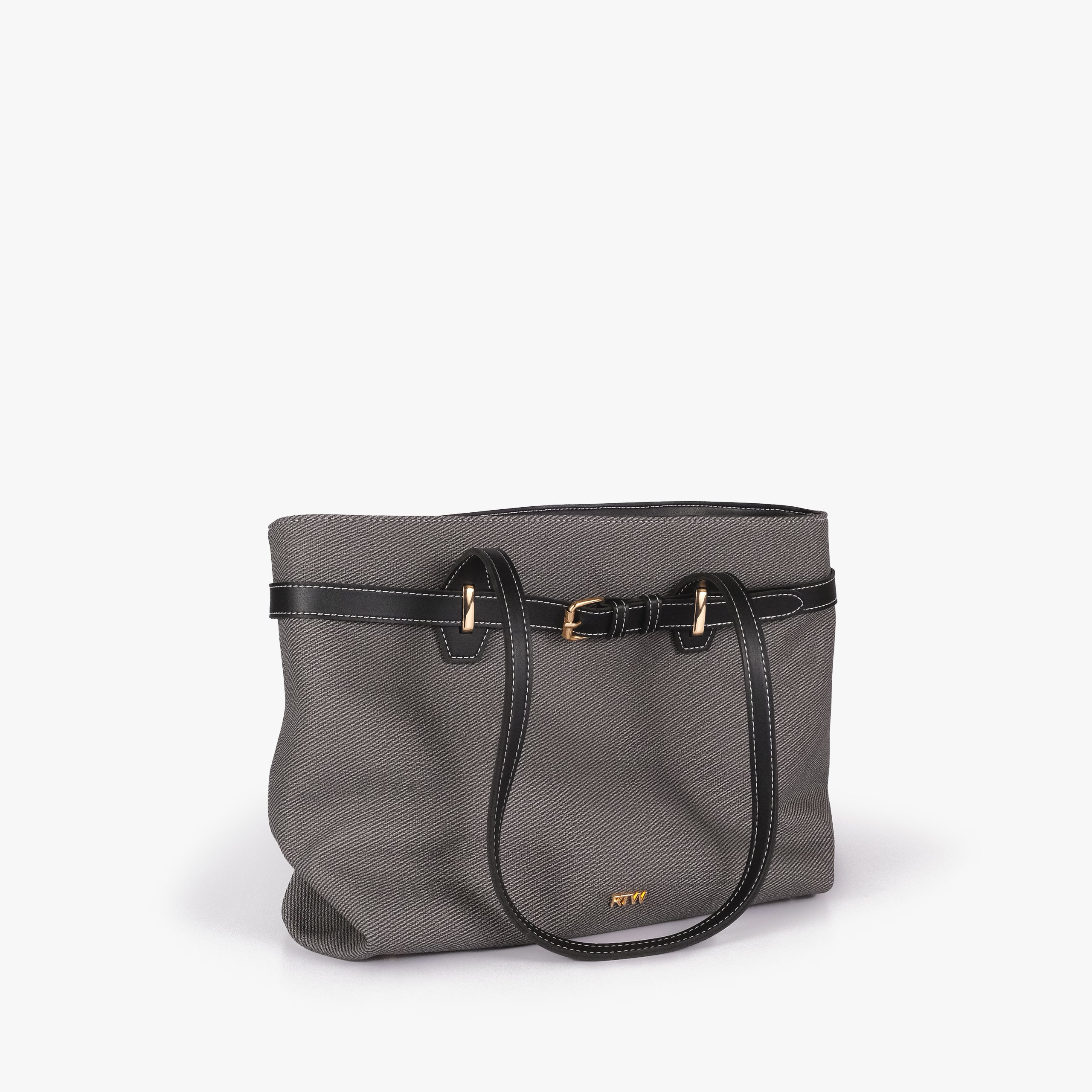Charcoal belted tote bag — front angled hero view with the belt detail, draped handle, textured body, smooth trim, and gold-tone buckle hardware, charcoal gray textured body with black smooth faux-leather trim