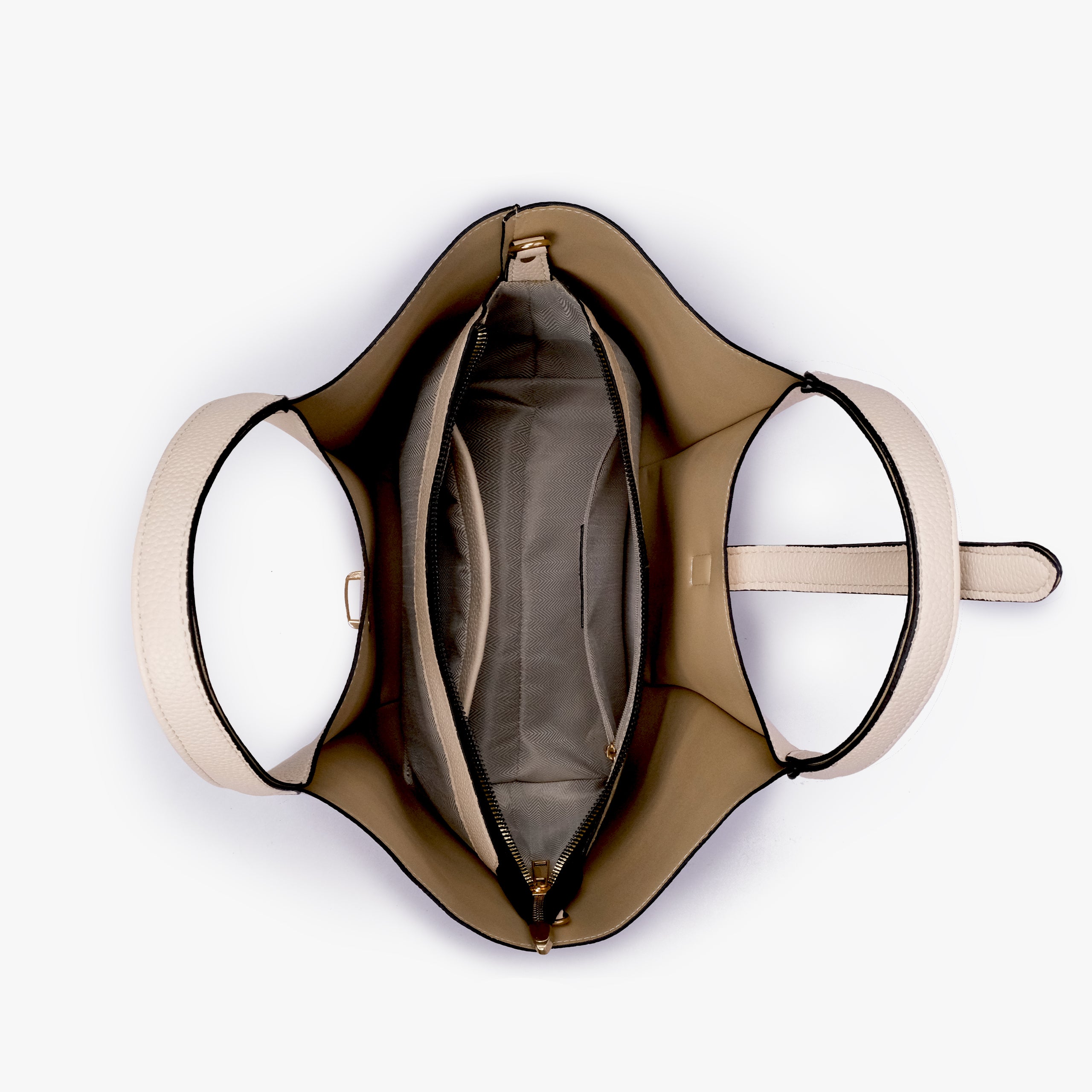 Interior of Off-white scoop mini tote bag showing the central zippered compartment