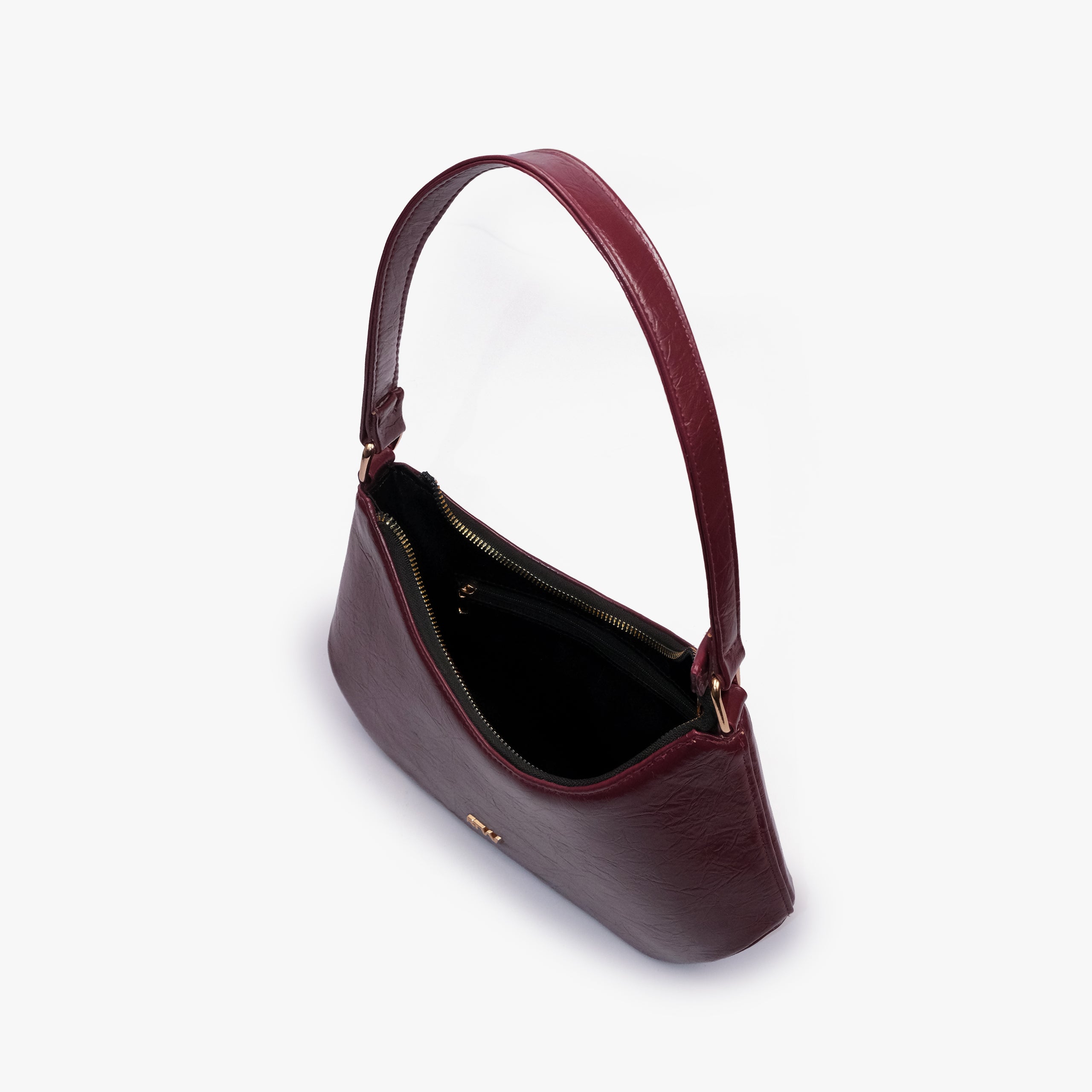 Maroon crinkle shoulder bag — interior view showing the zip-top opening and dark-lined main compartment