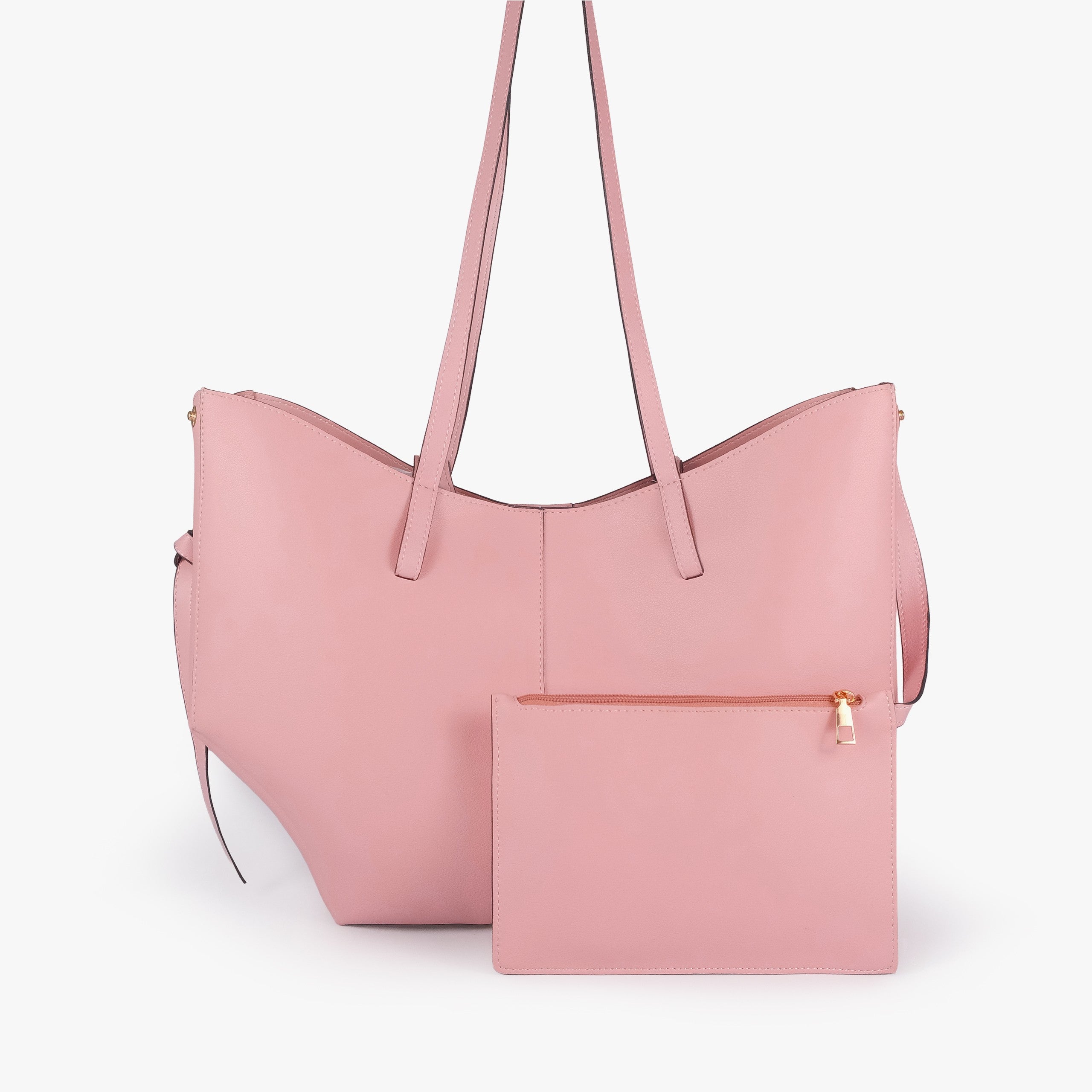 Pink atelier tote — back view with matching dusty rose detachable zip pouch alongside, gold zipper