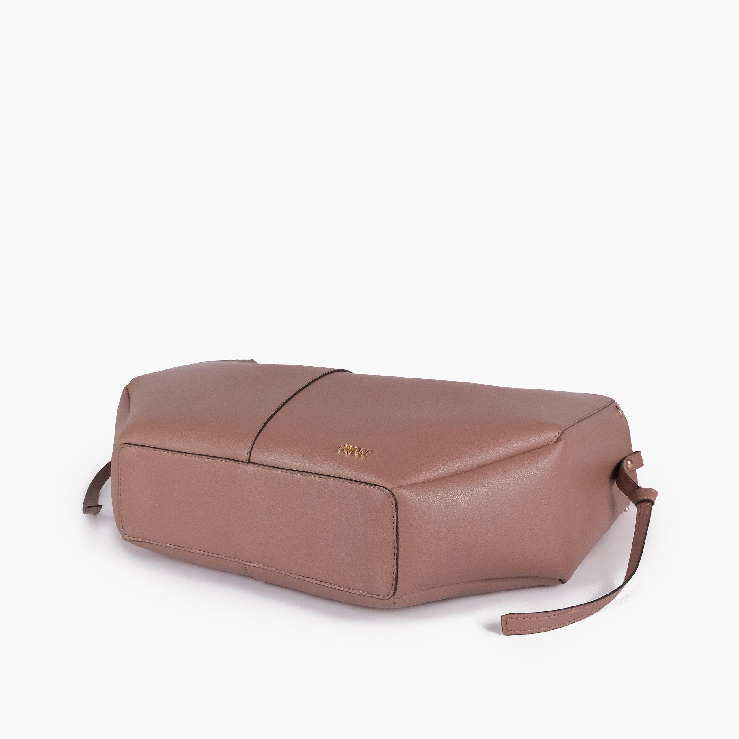 Brown atelier tote — base angle showing reinforced flat base, gold RTW logo on front-bottom face