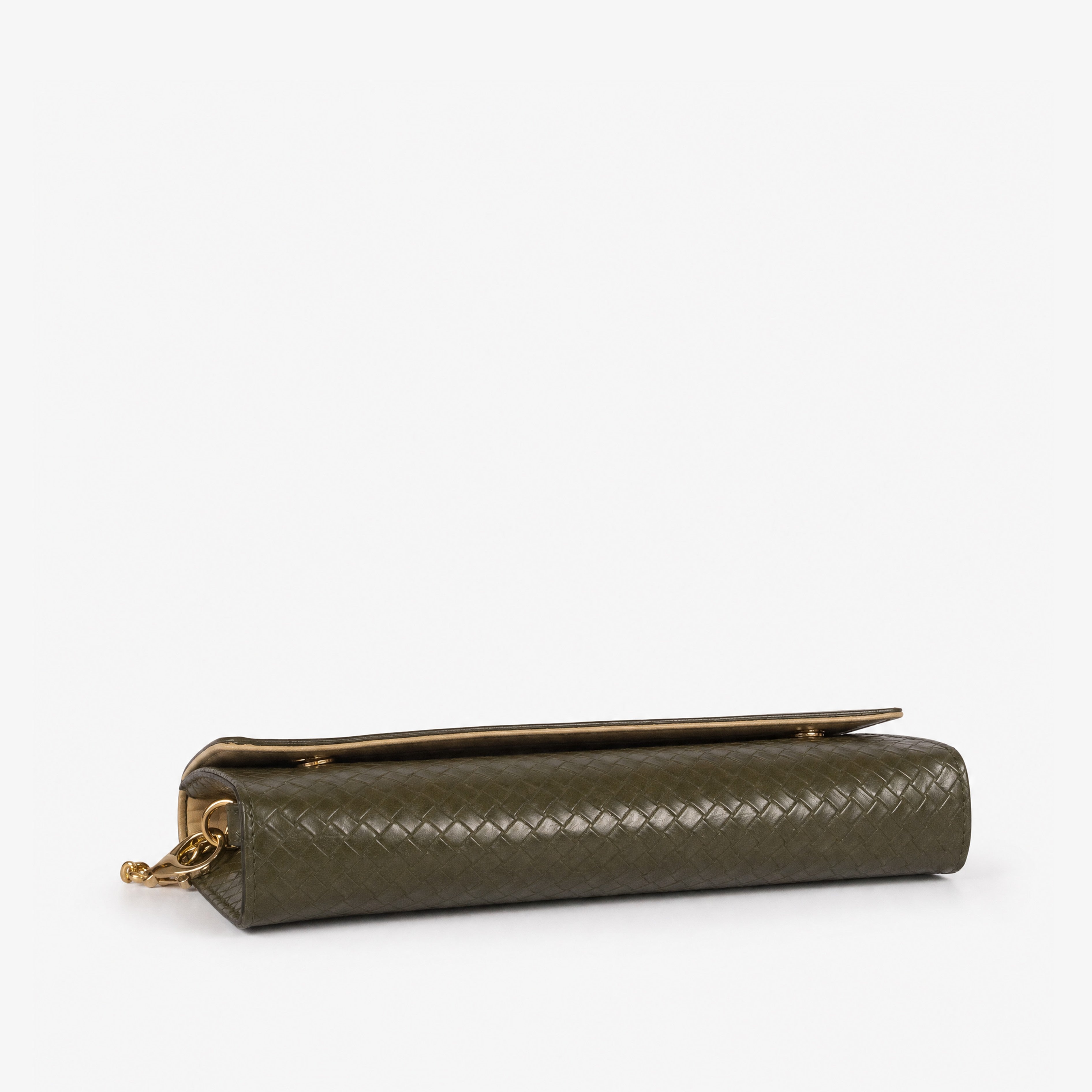 Dark olive woven weave clutch — top-down flat view showing flap closure and full olive weave surface