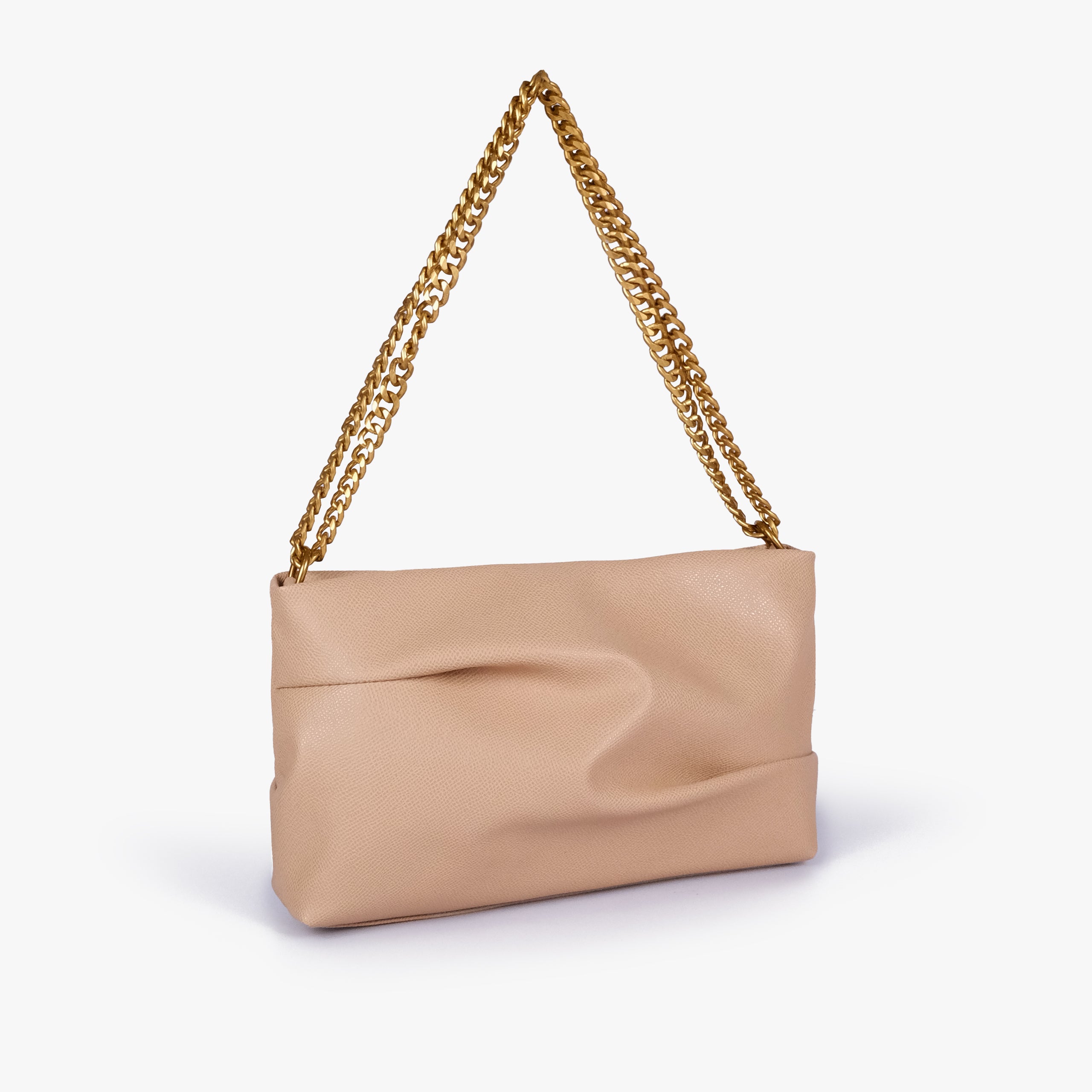 Beige pleated clutch bag with chain — three-quarter view showing the slim rectangular silhouette, pleated panel and gold-tone chain, warm pale beige
