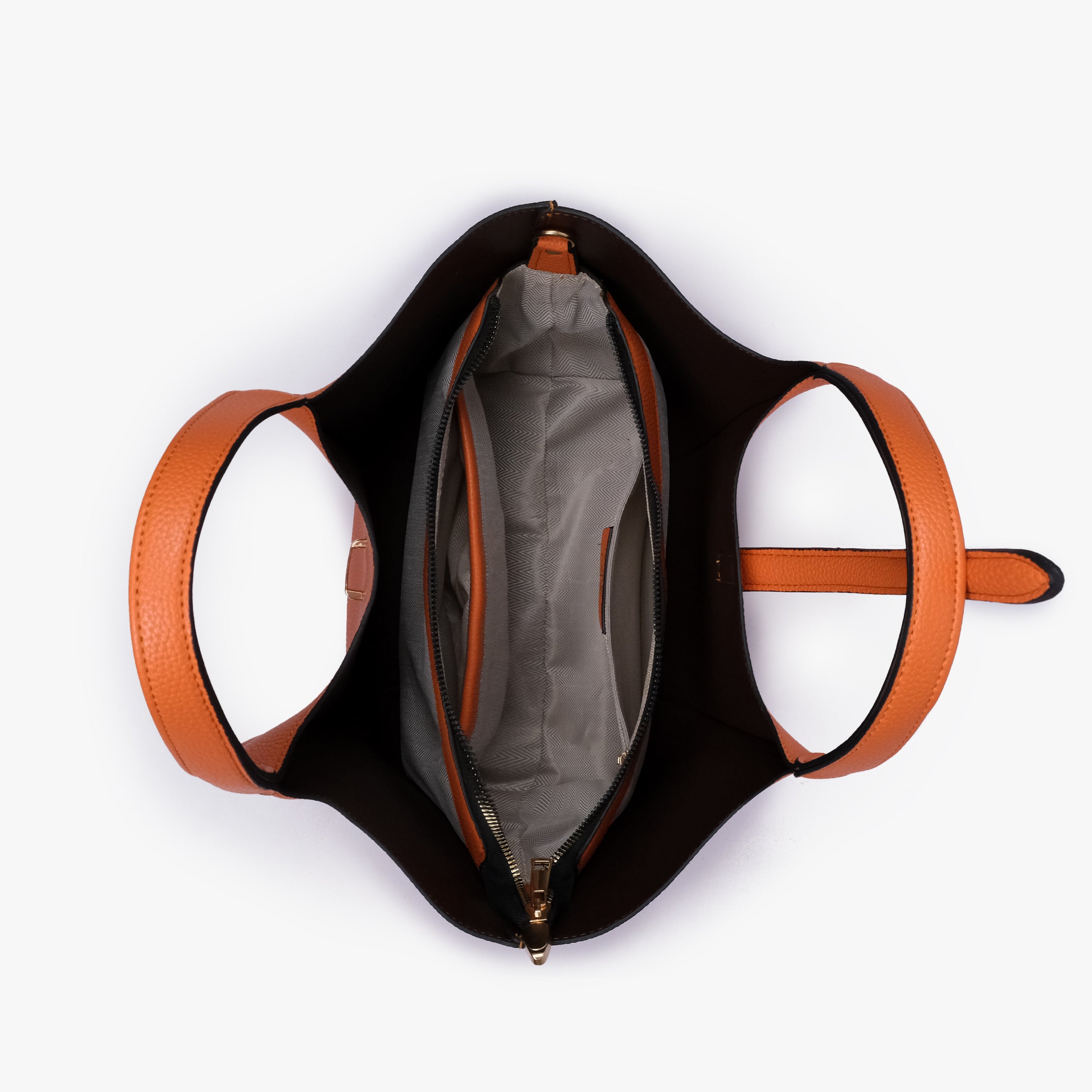 Interior of Orange scoop mini tote bag showing the central zippered compartment