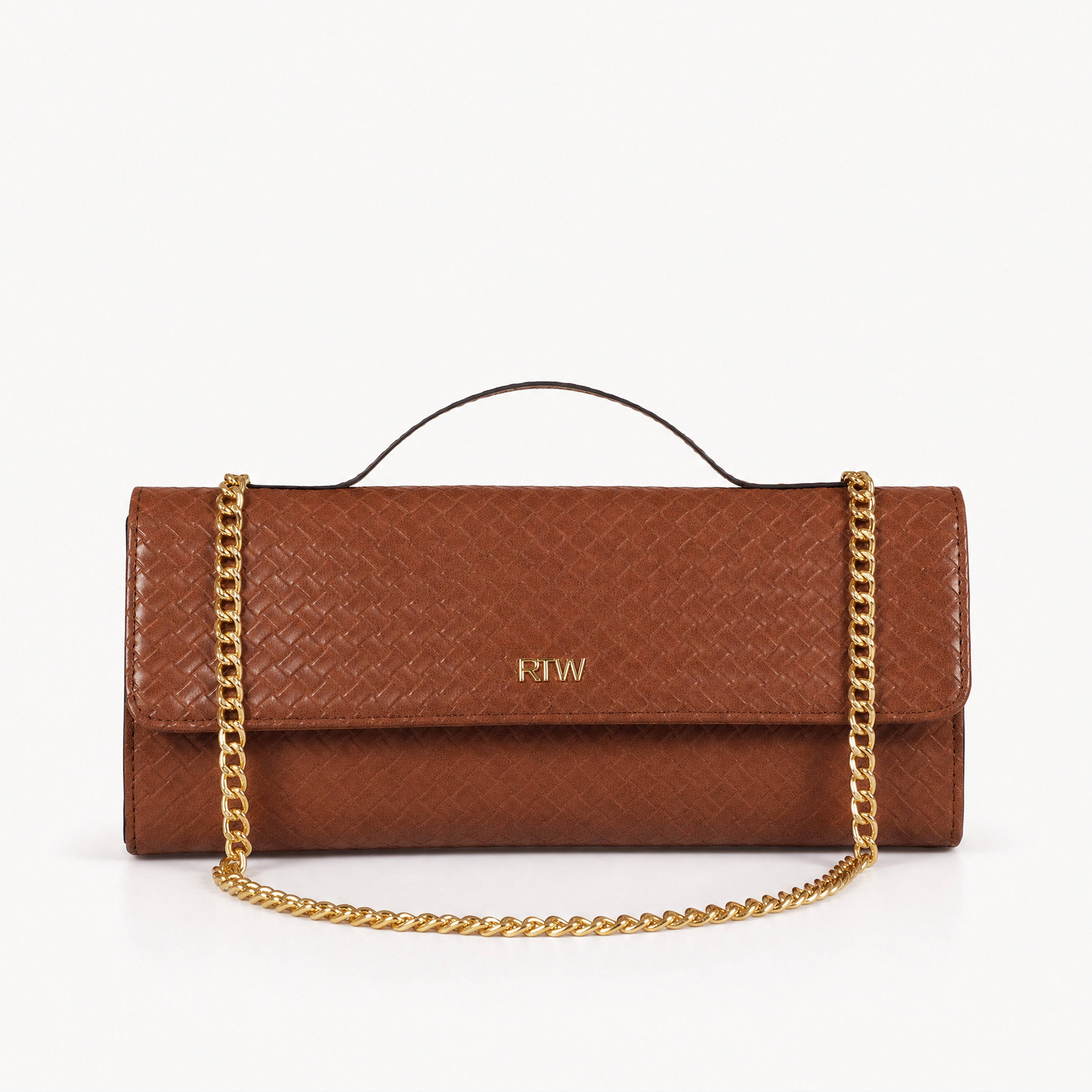 Warm terracotta woven weave clutch — front view with gold chain draped horizontally across weave body