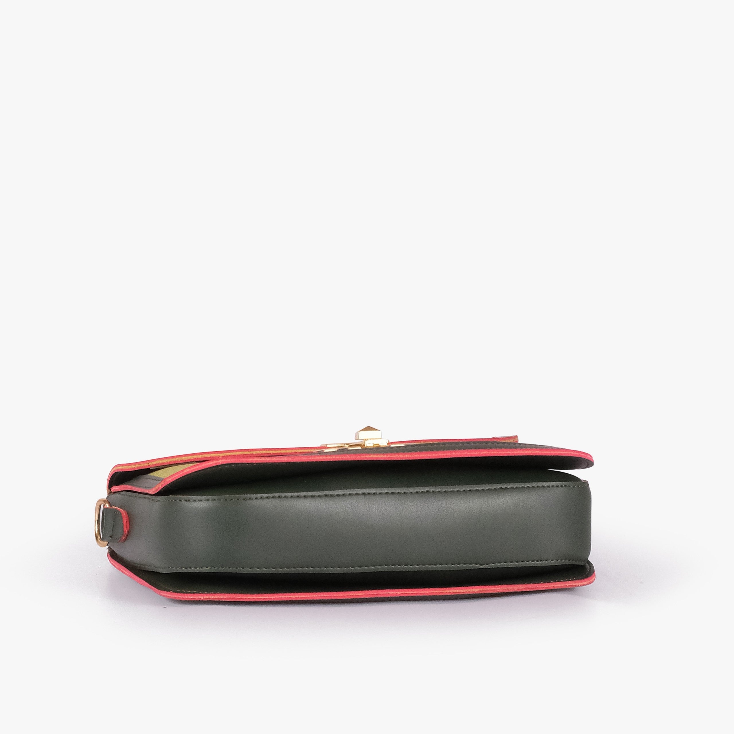 Olive contrast cross-body bag — tilted underside flat lay showing flap edge and bag depth
