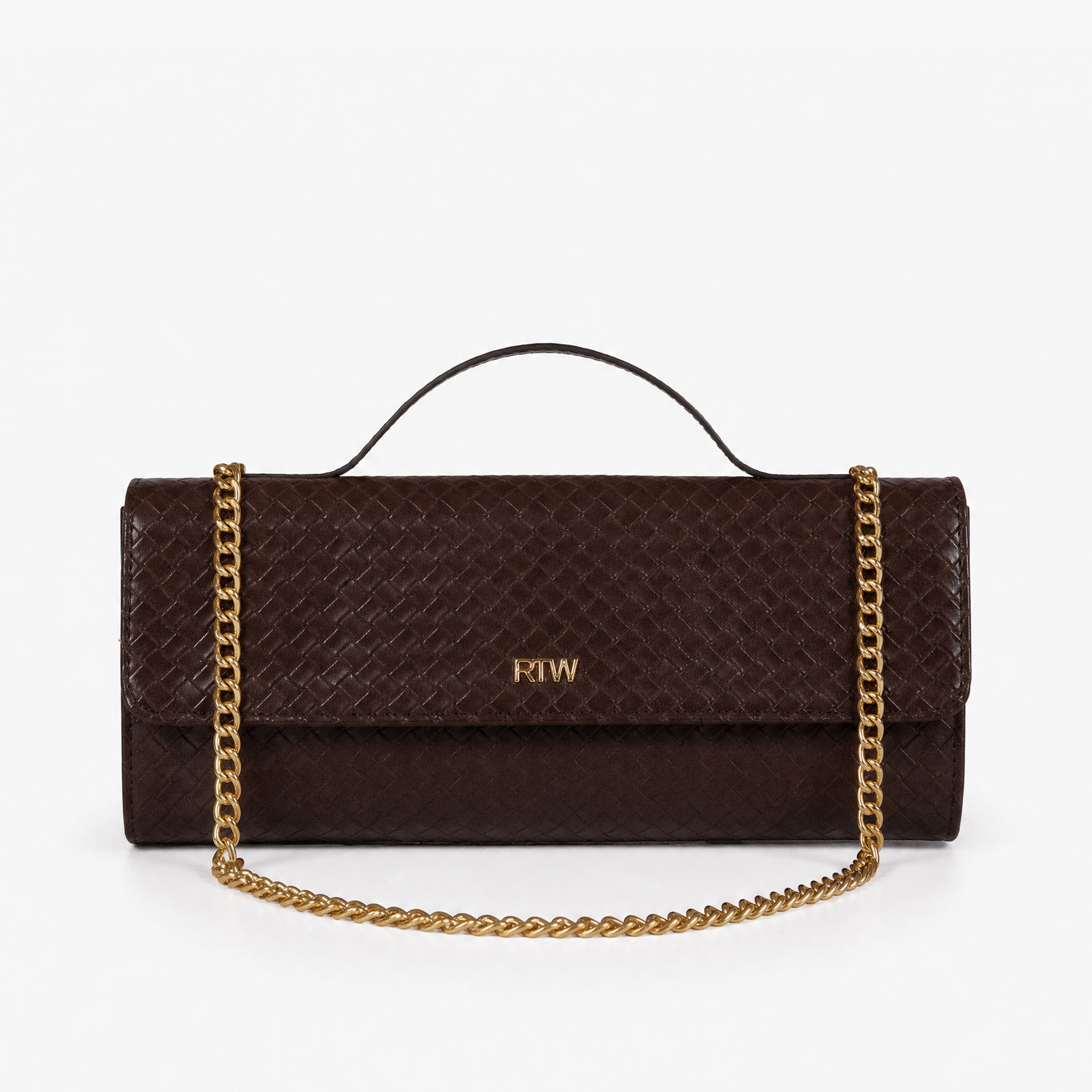 Deep chocolate woven weave clutch — front view with gold chain draped horizontally across weave body