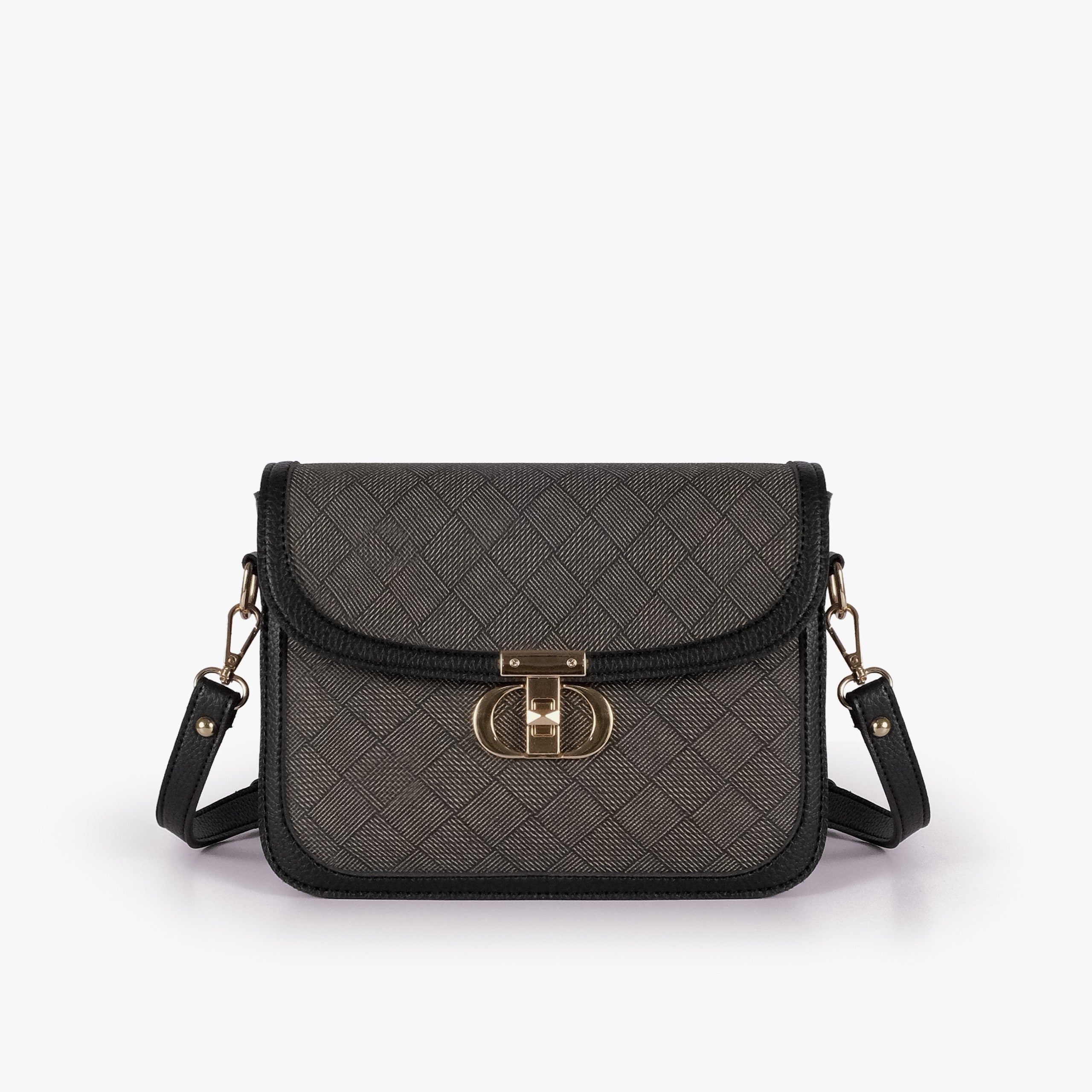 Charcoal contrast cross-body bag — front straight-on with strap horizontal, full charcoal panel and black trim framing visible