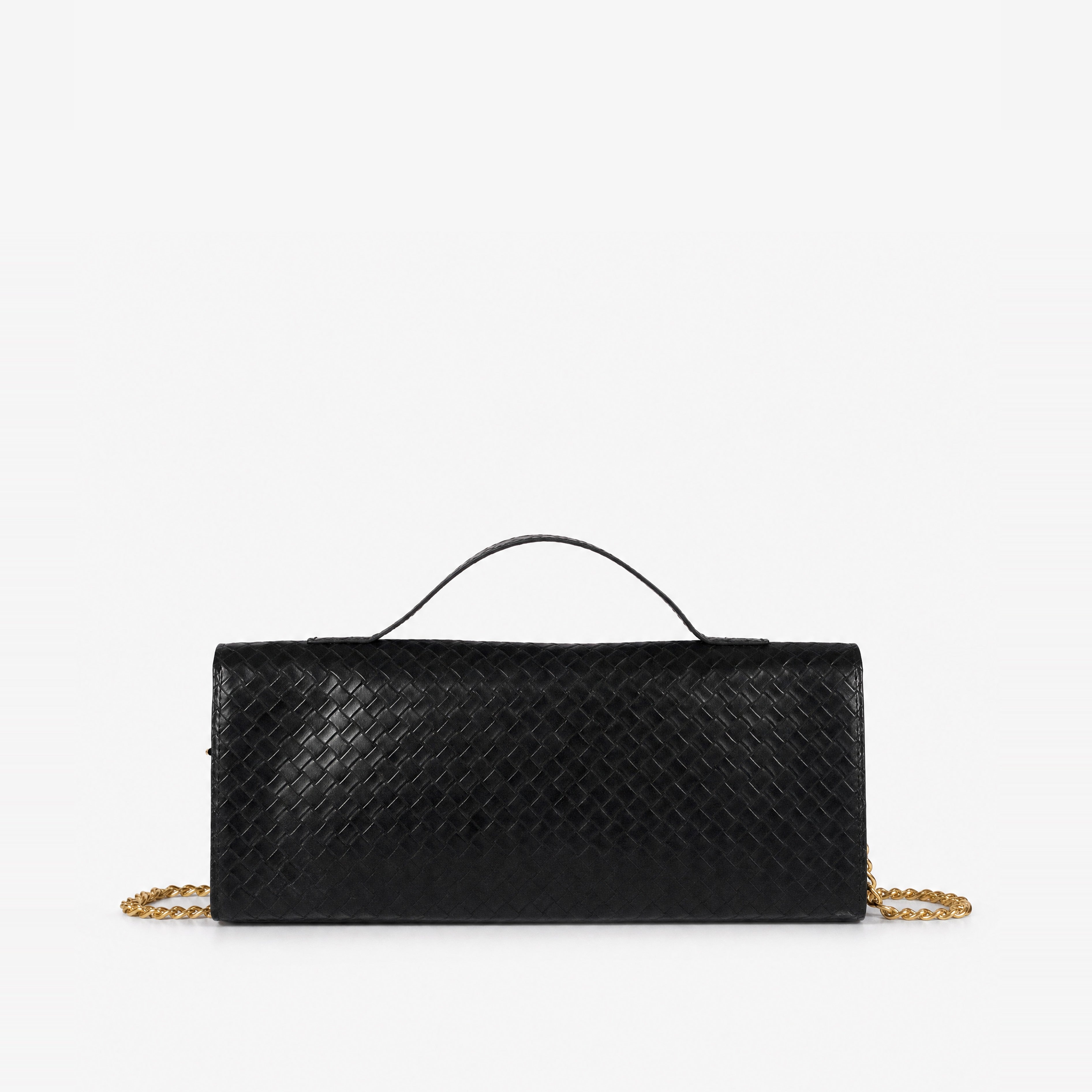 Woven black weave clutch — back view showing full diamond-lattice weave coverage and fixed top handle