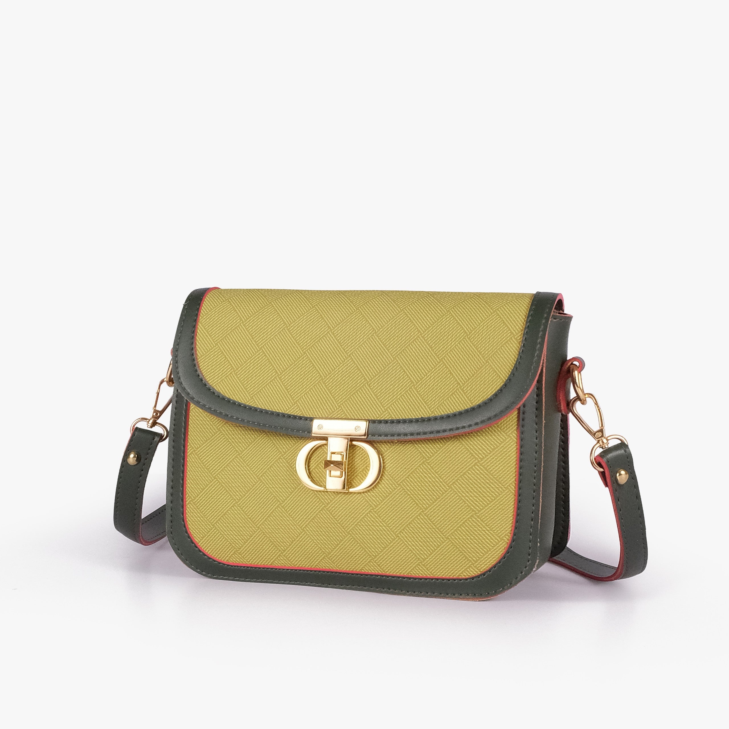 Olive contrast cross-body bag — hero 3/4 view, yellow-green chartreuse box-texture panel, dark forest-green pebbled trim, gold CD twist-lock rockstud