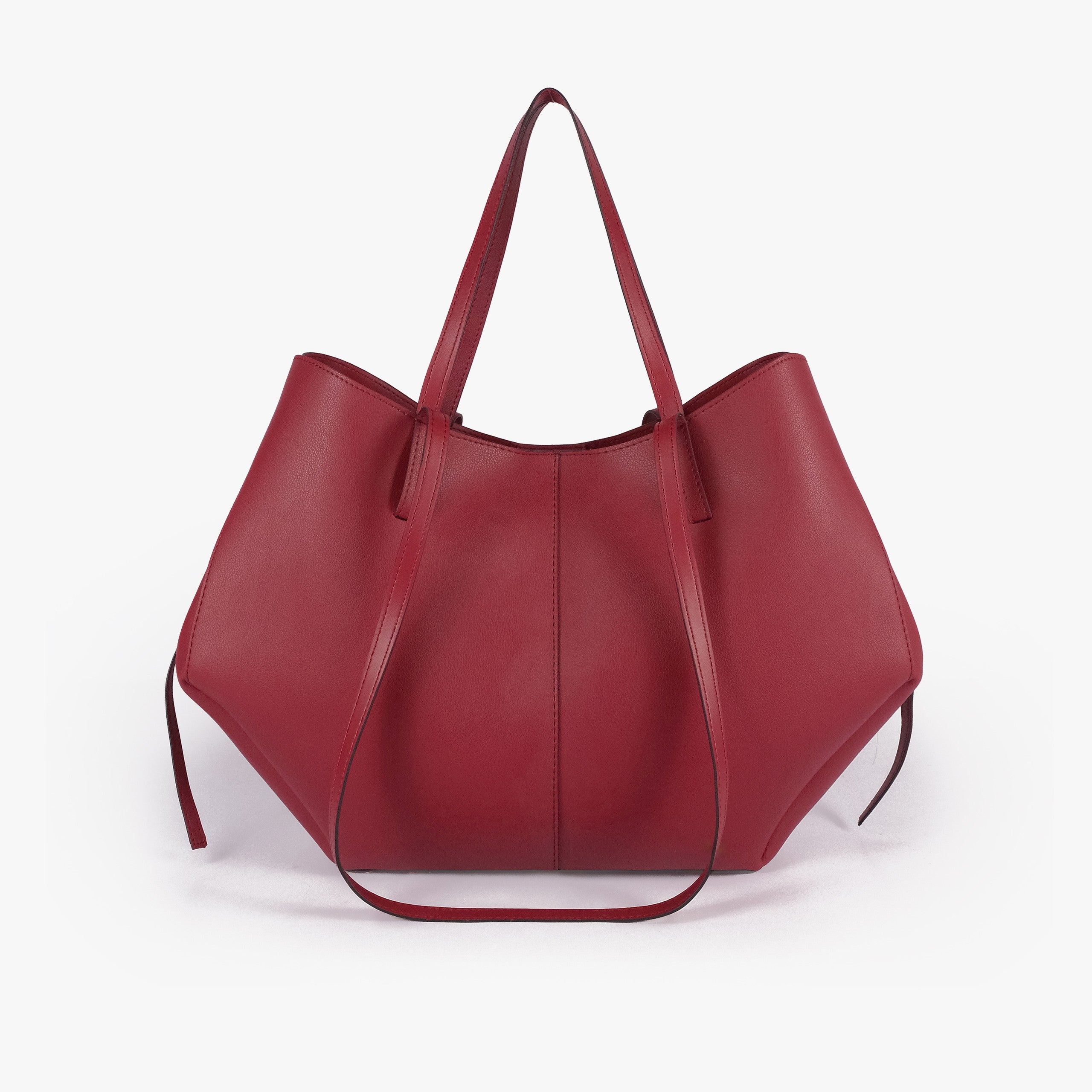 Maroon atelier tote — back view alone showing wing-cut origami panels and slim handles