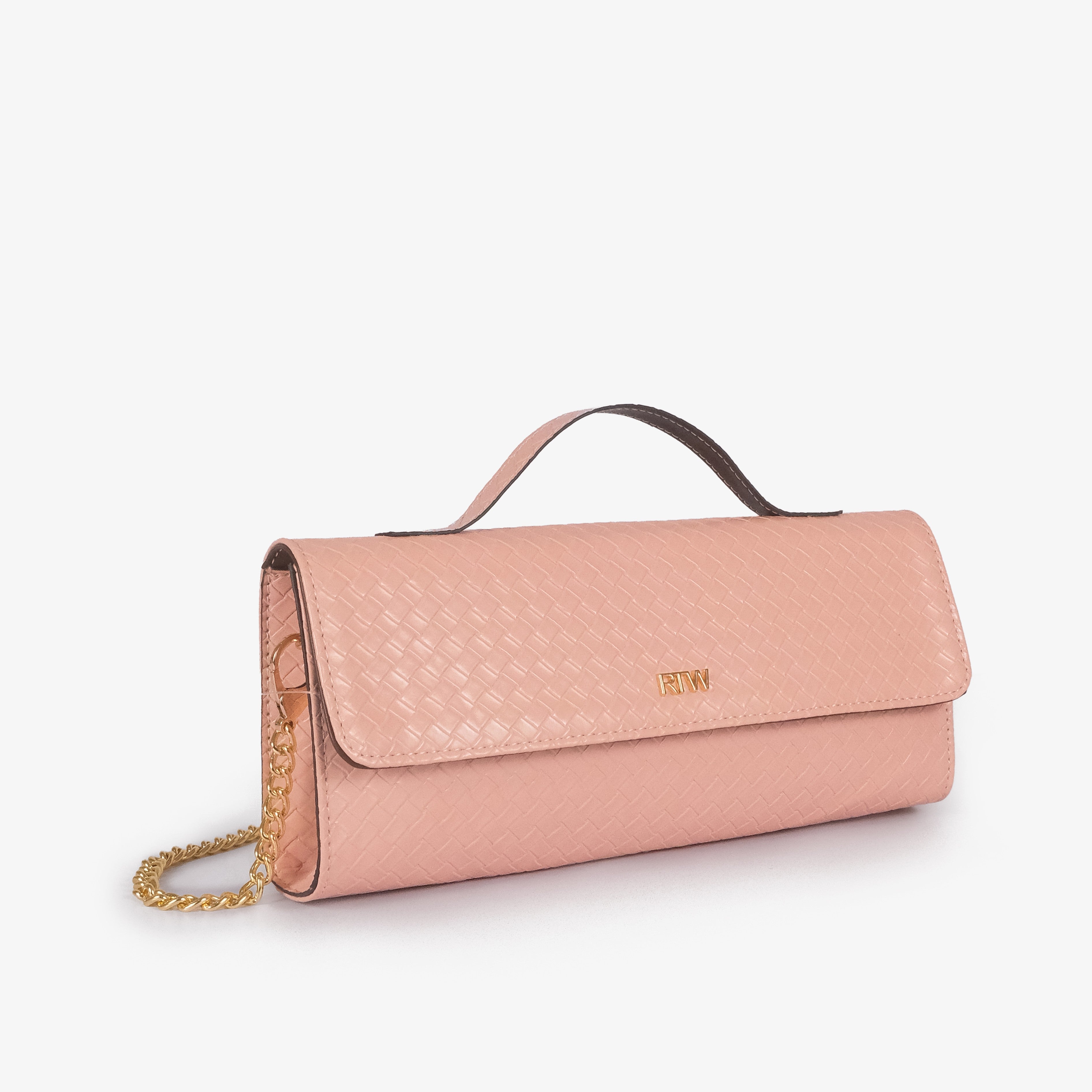Blush peach woven weave clutch with gold chain — front view showing RTW logo plate