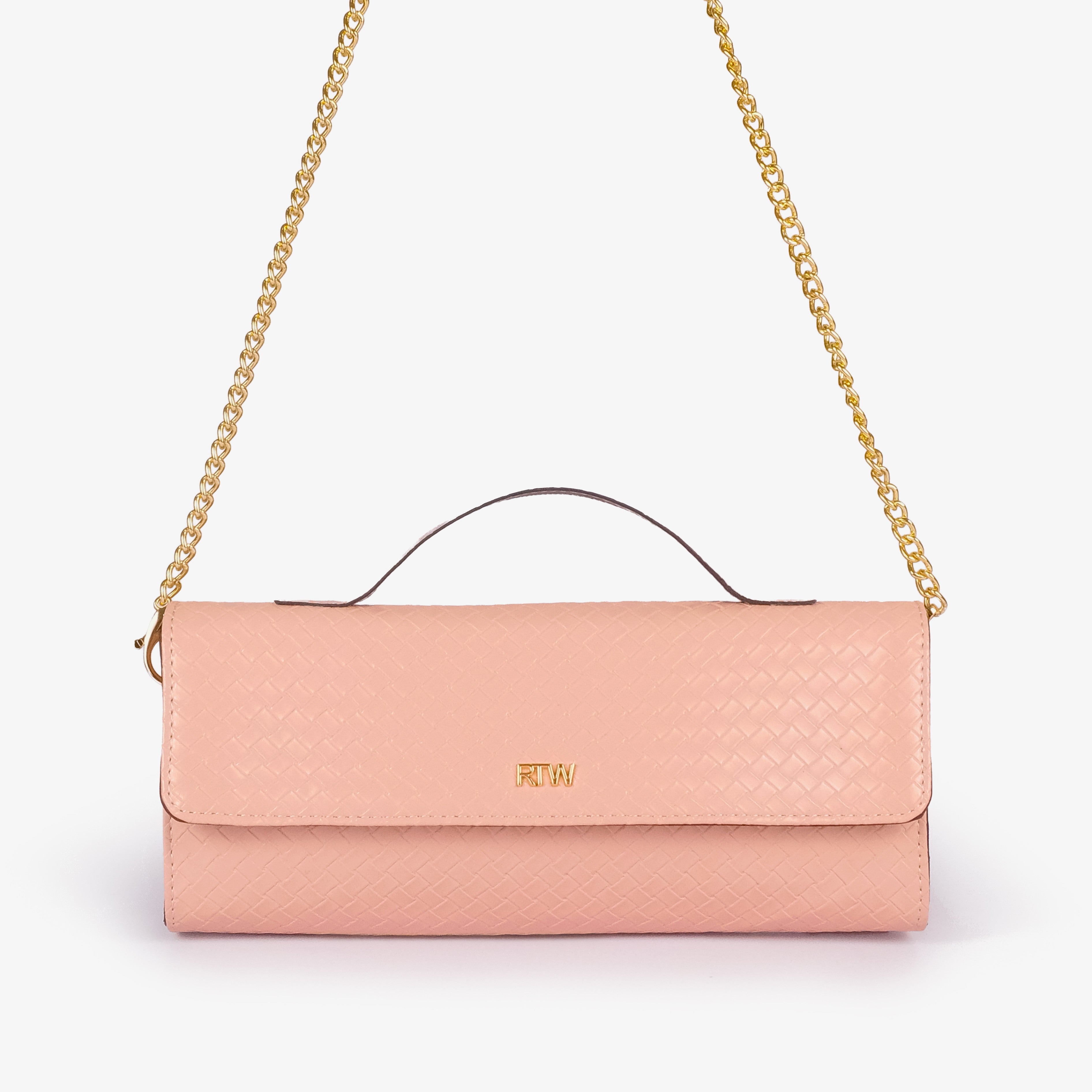 Blush peach woven weave clutch — front view with gold chain worn as shoulder strap overhead