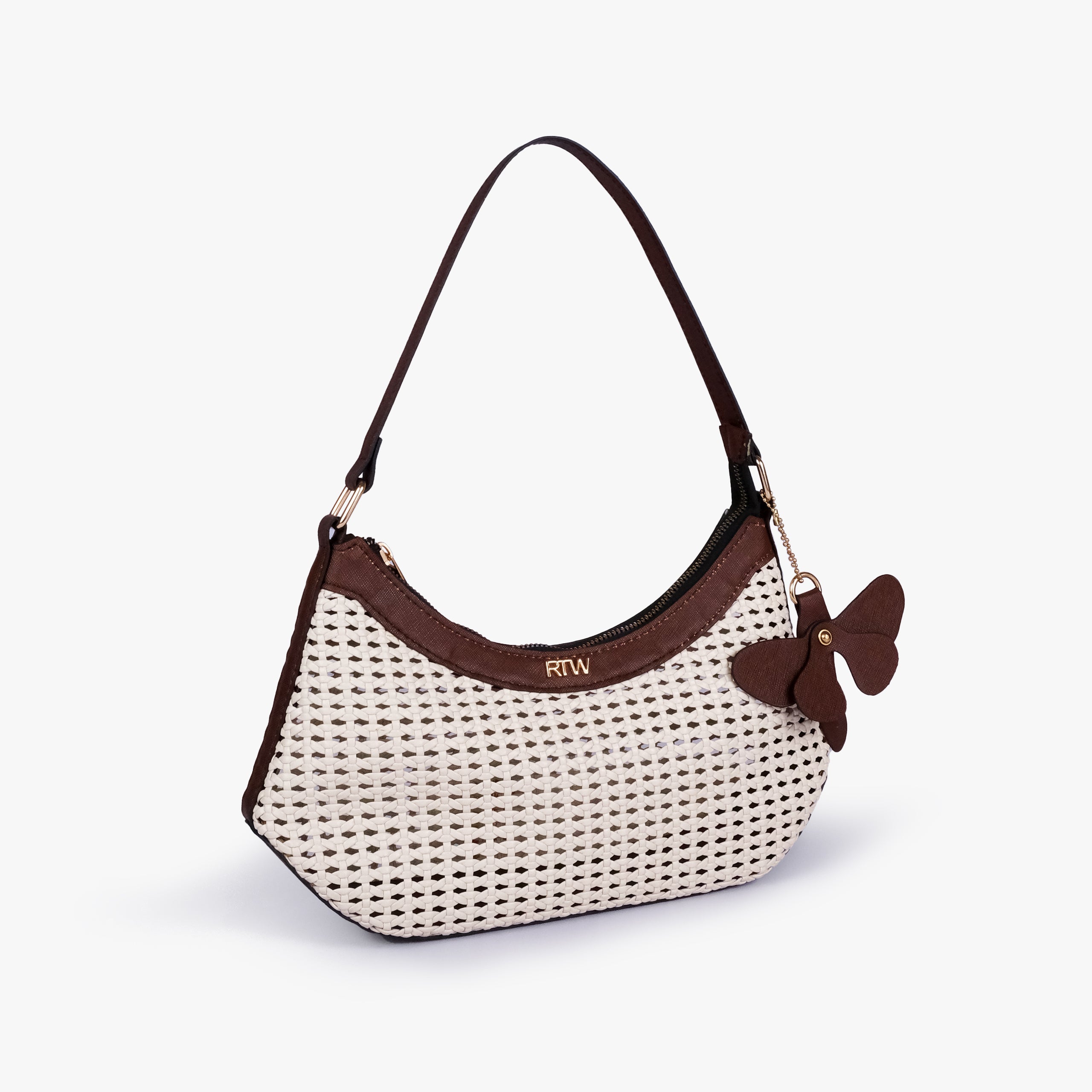 Mocha woven shoulder bag in three-quarter view