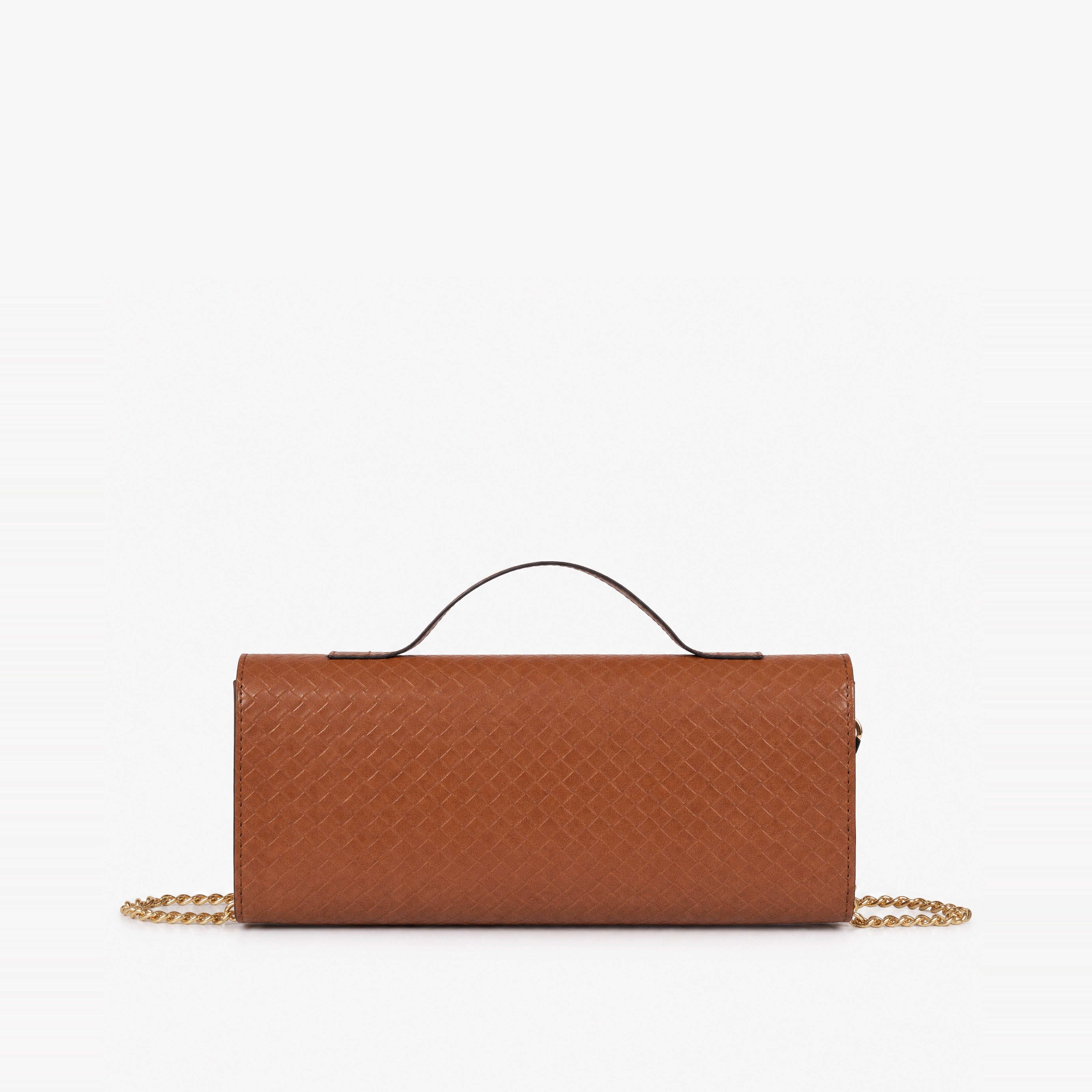 Warm terracotta woven weave clutch — back view showing full diamond-lattice weave coverage in warm cognac-brown