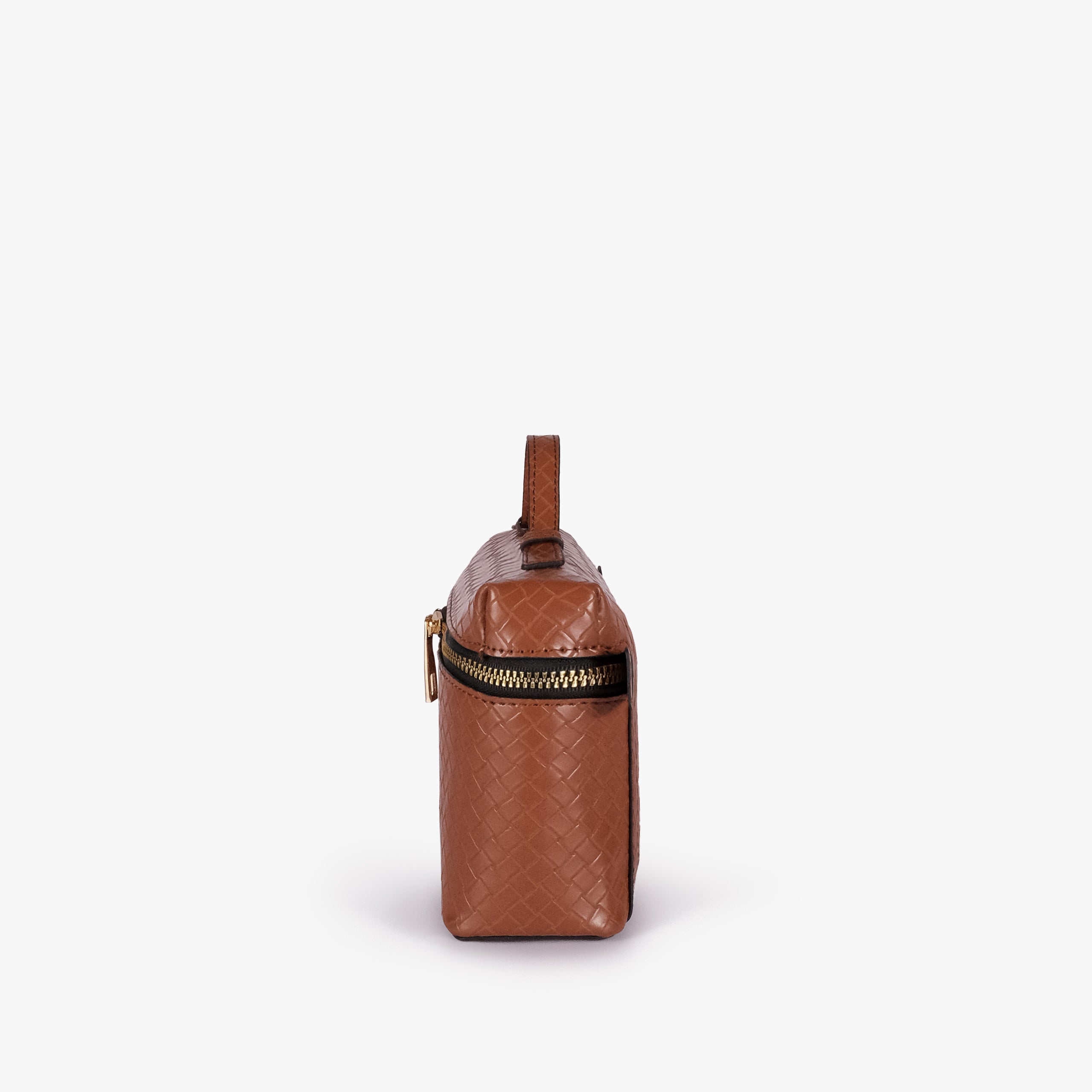 Terracotta weave vanity top-handle bag — side profile showing the structured depth, wraparound zipper band near the top, side attachment tab, and long strap